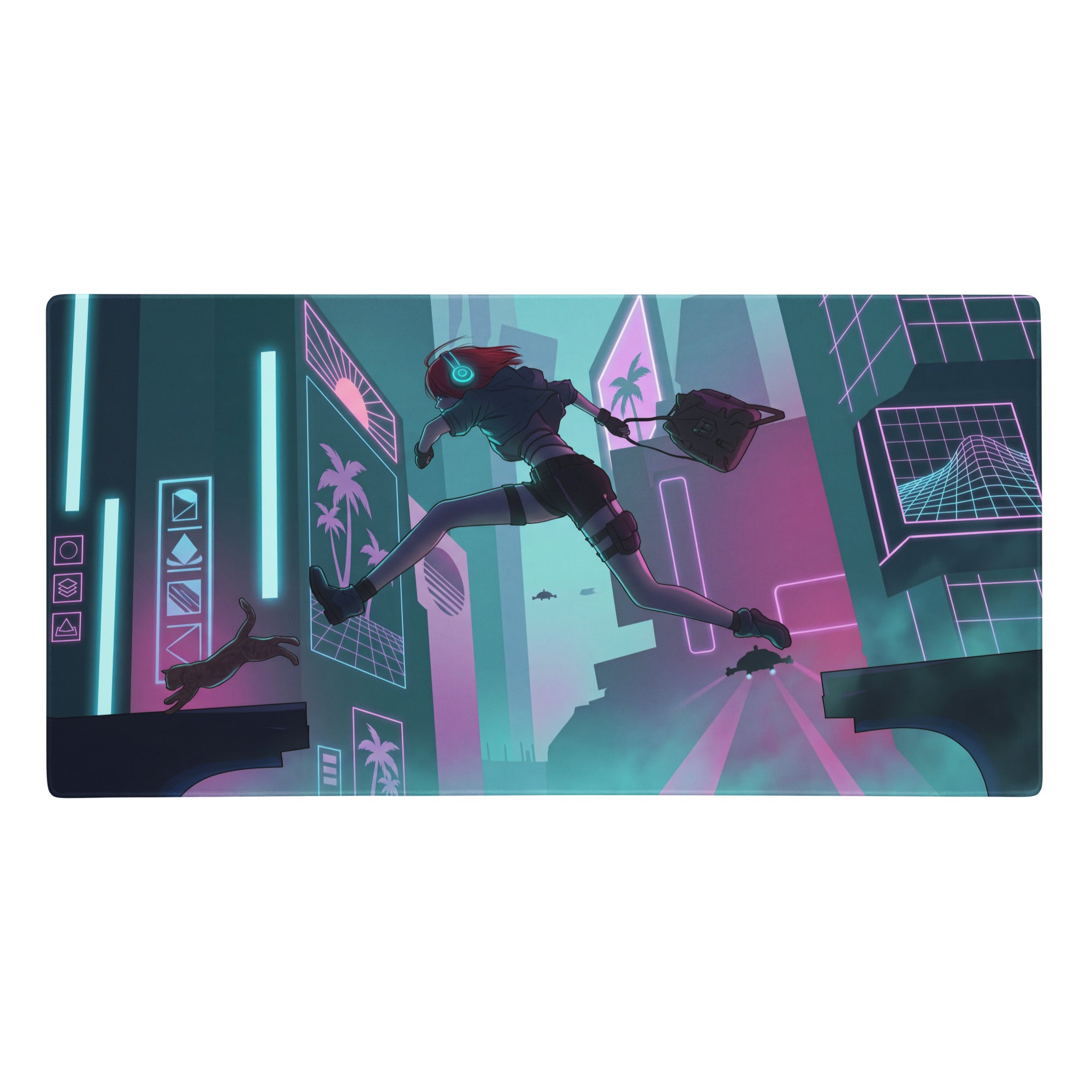 Neon vaporwave gaming mouse pad in neon pink and teal featuring anime runner with glowing headphones on cyberpunk cityscape