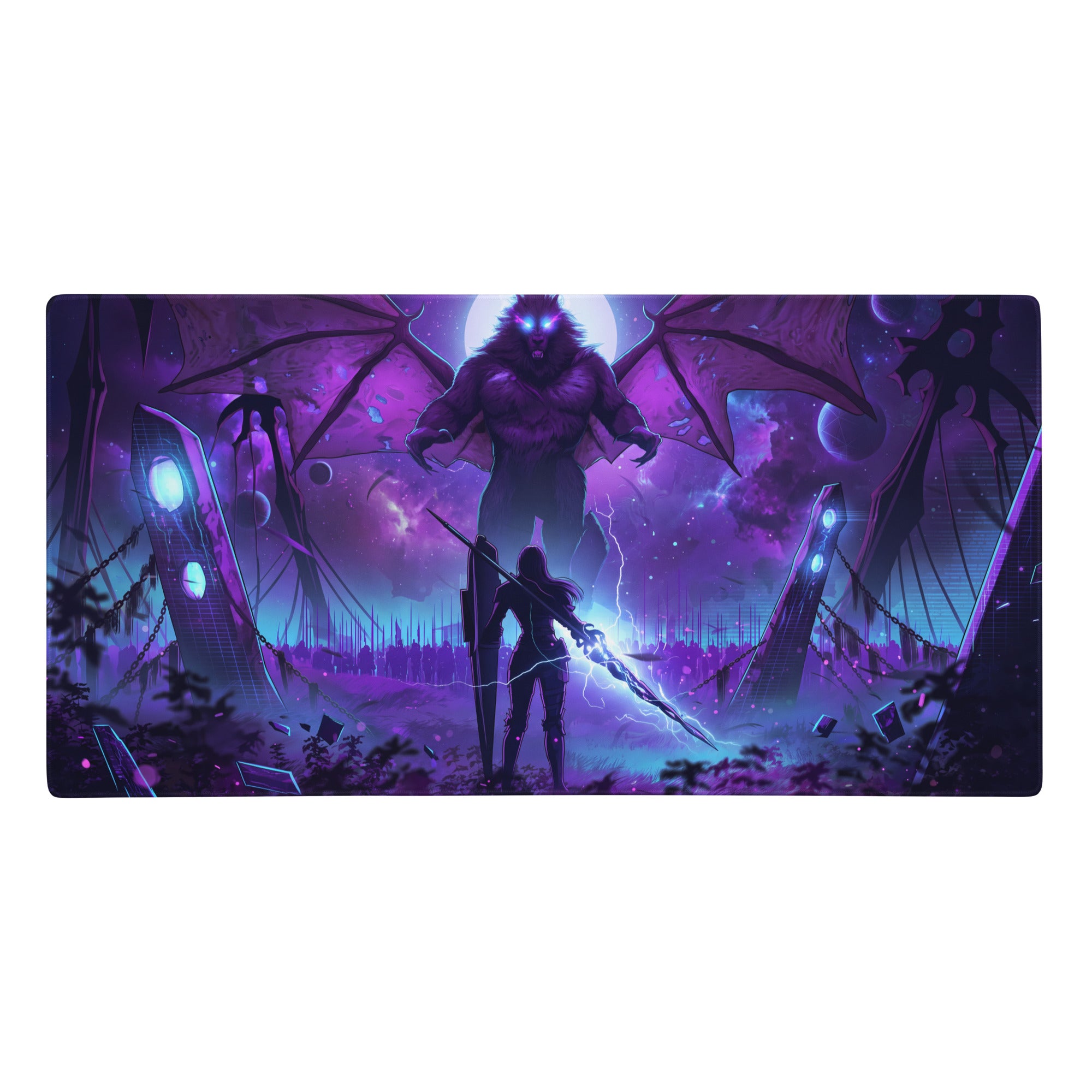 Purple and blue vaporwave neon dragon gaming mat with a warrior facing a glowing winged beast for desk use
