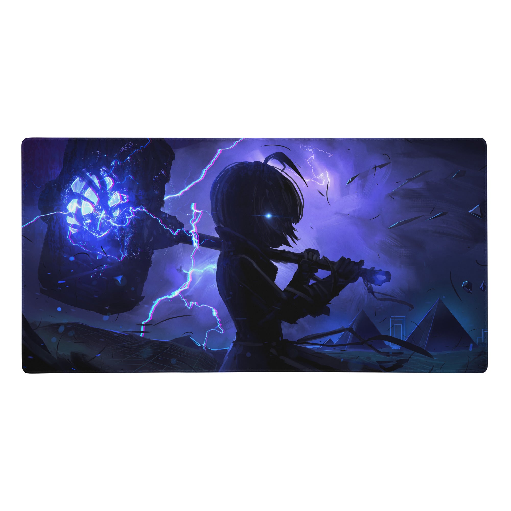 Purple and blue vaporwave neon surge anime-themed gaming mousepad with lightning weapon character and dreamy cyberpunk art