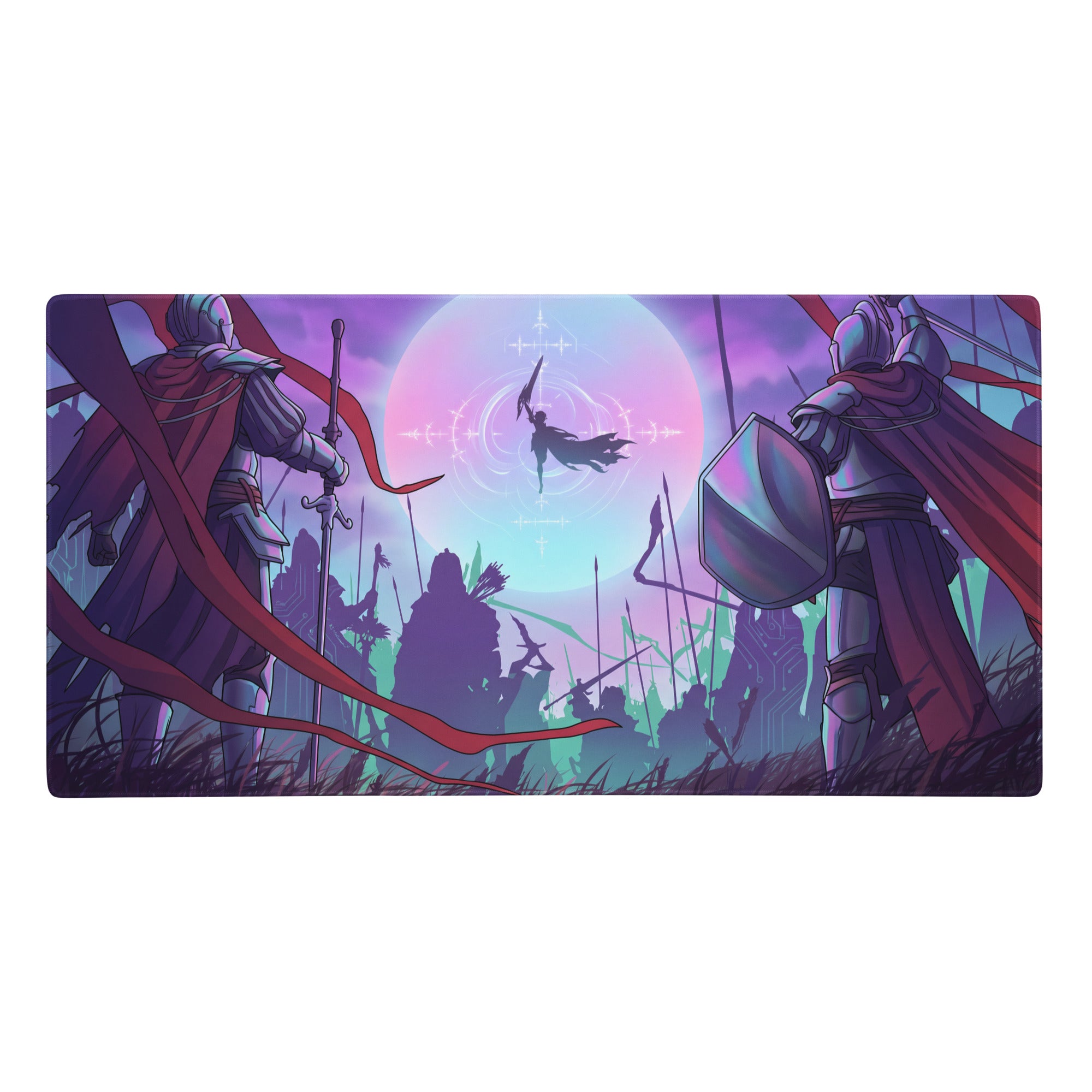 Rectangular vaporwave neon knight gaming mouse pad with two armored knights under a glowing purple pink moon
