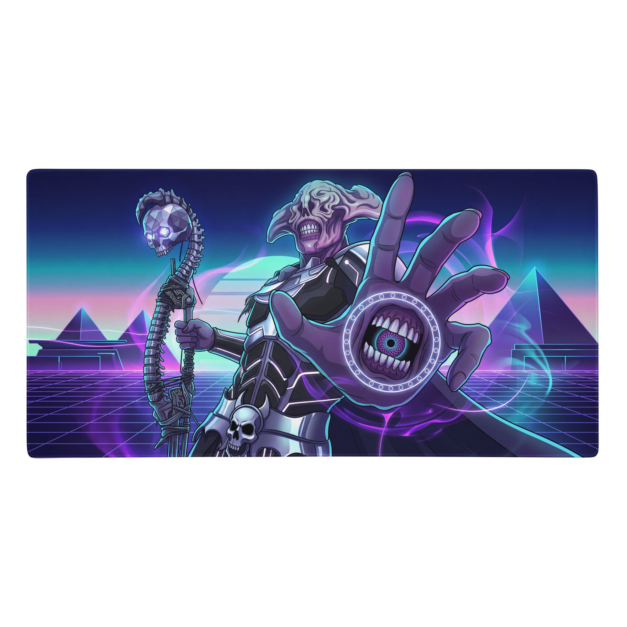 Necronomicon-themed gaming mousepad with skeletal figure in dark armor and neon purple blue vaporwave colors