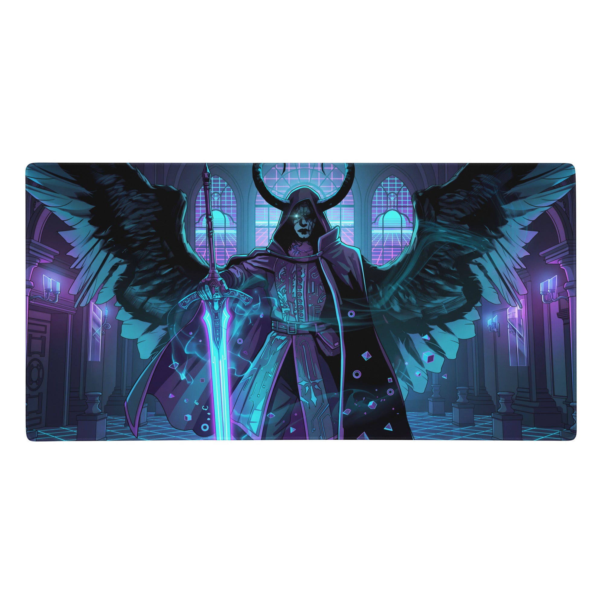 Necromancer-themed gaming mat with a dark winged figure in a purple robe and cyan sword neon cathedral backdrop