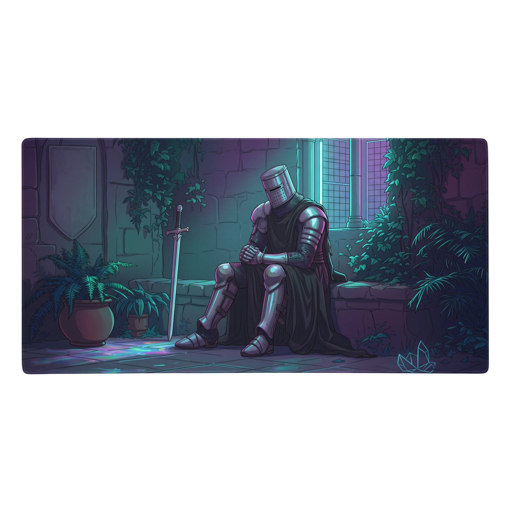 Neon knight vaporwave rectangular gaming mat with metallic knight and sword in stone room with ivy and plants