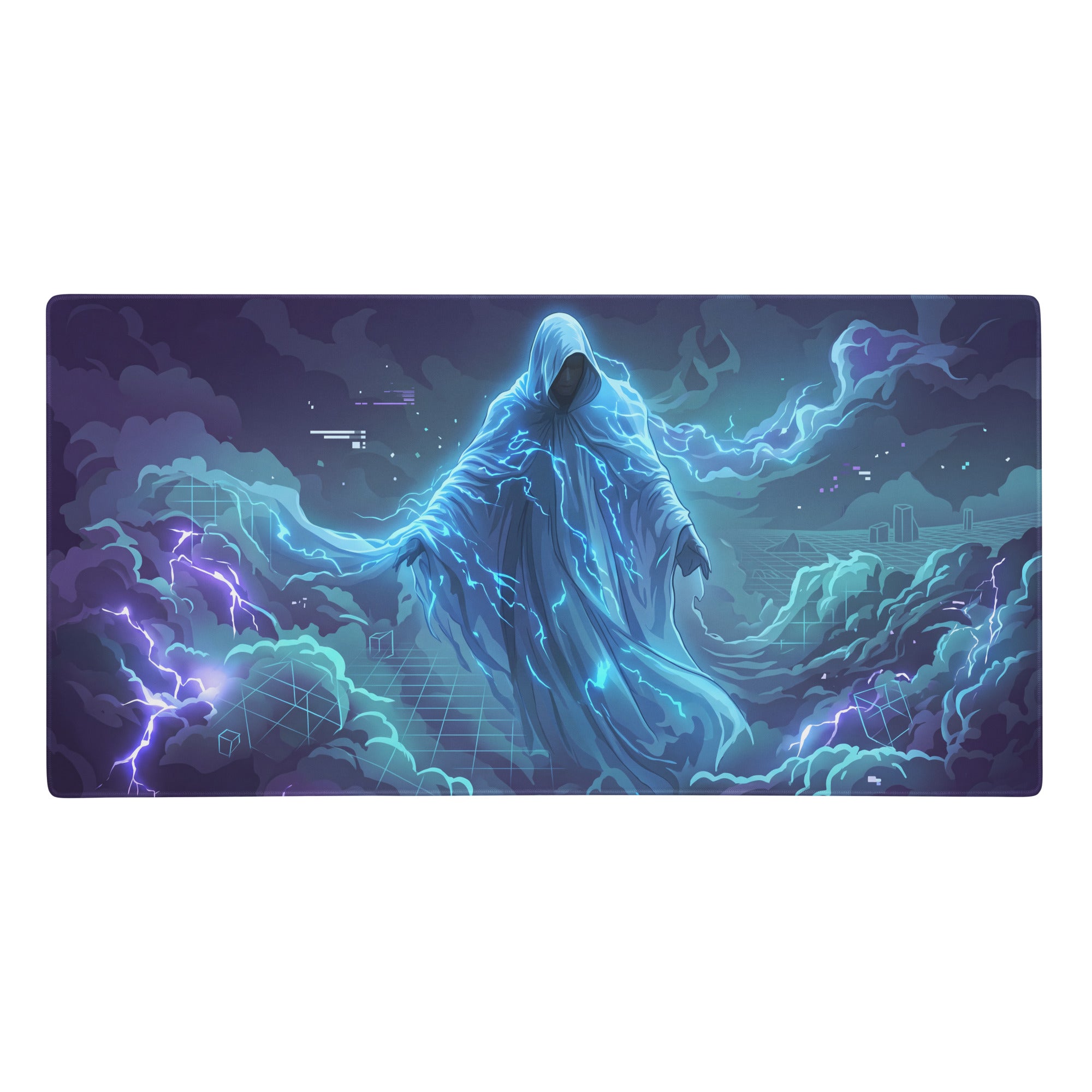 Vaporwave neon gaming mousepad with hooded figure and blue purple lightning on dark cloudy cyberpunk digital art background