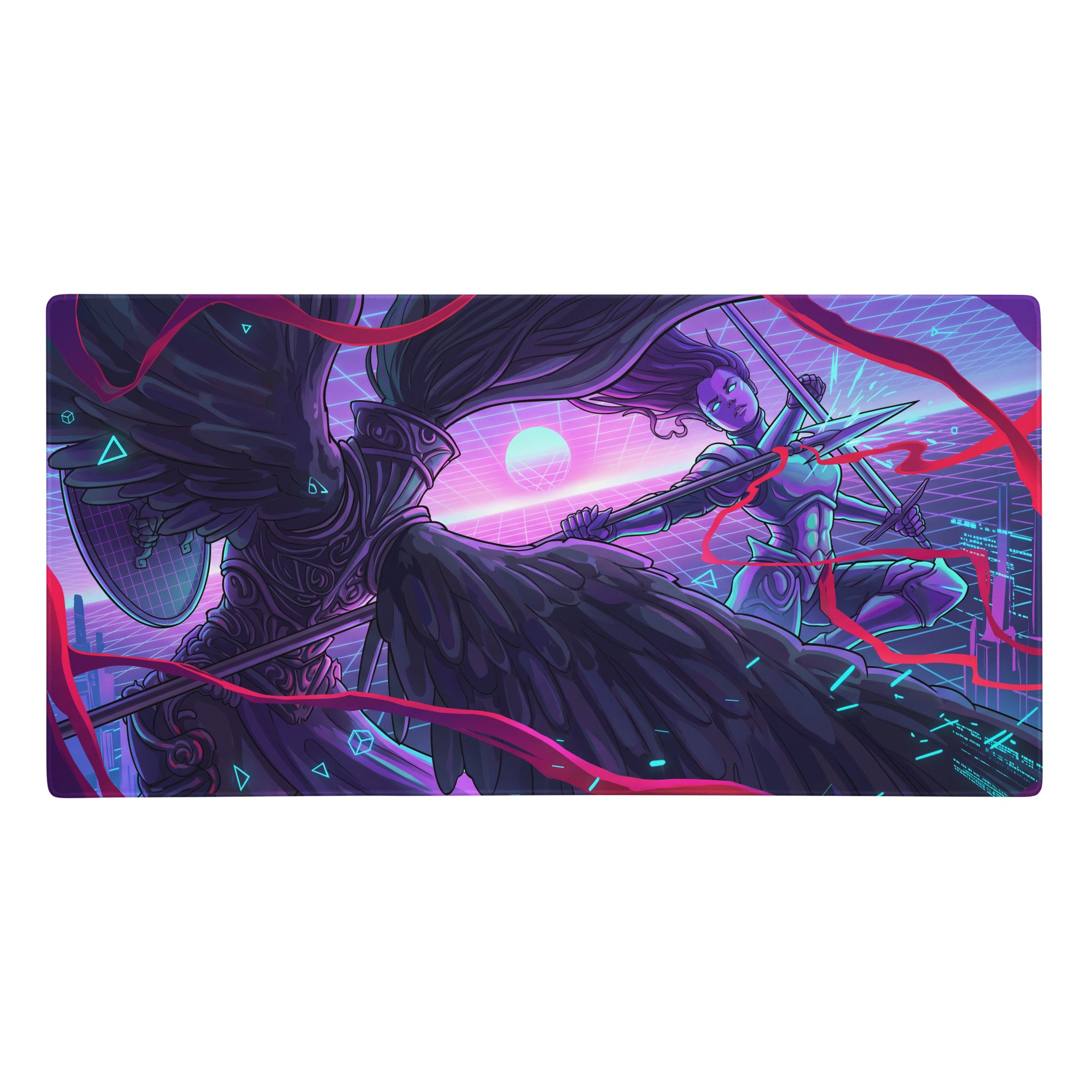 Nineteen-inch rectangular vaporwave neon art gaming mousepad with vibrant purple pink neon grid and cyberpunk warrior scene