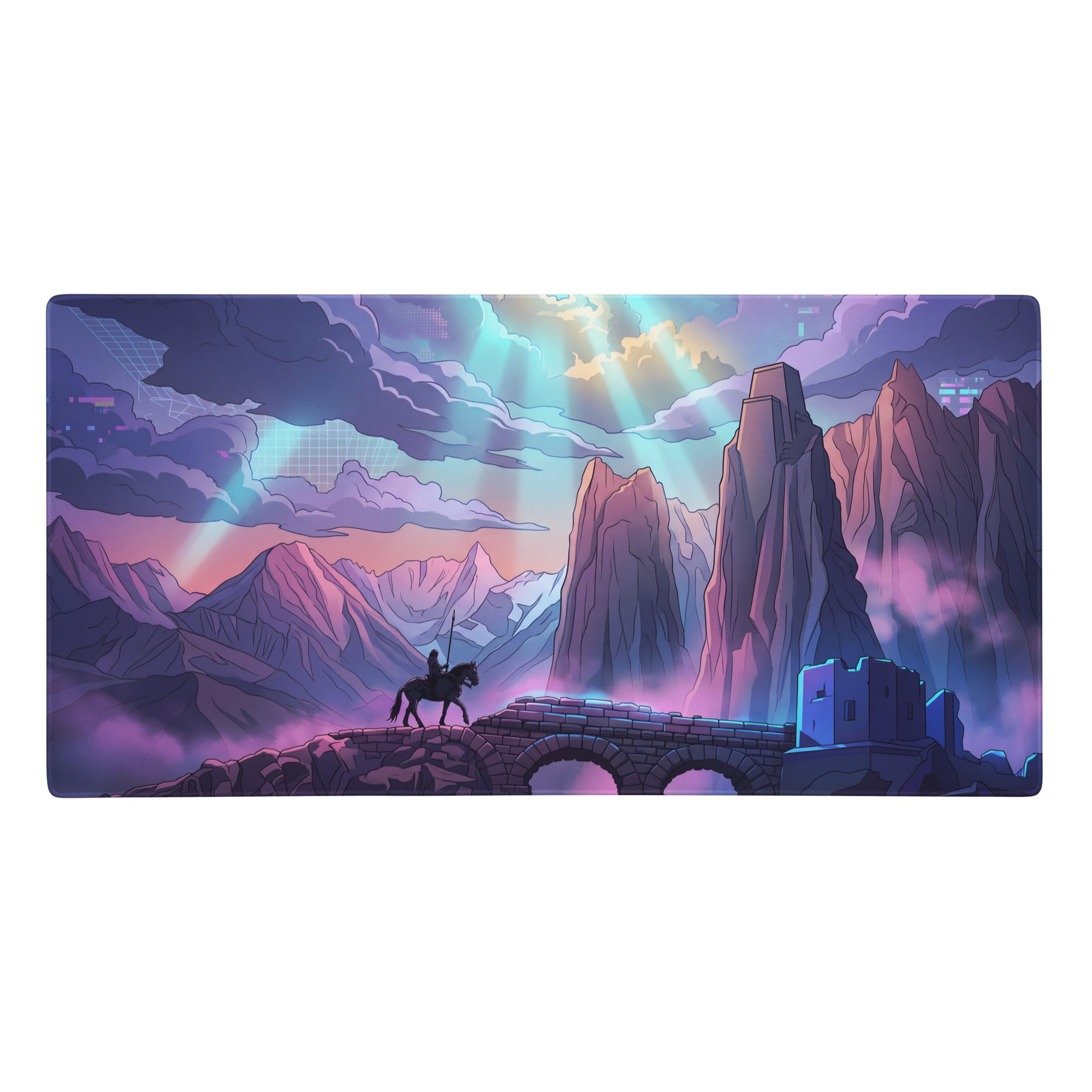 Neon vaporwave mountain mouse pad with nebula hues and lone rider crossing stone bridge under vivid pink purple cyan skies
