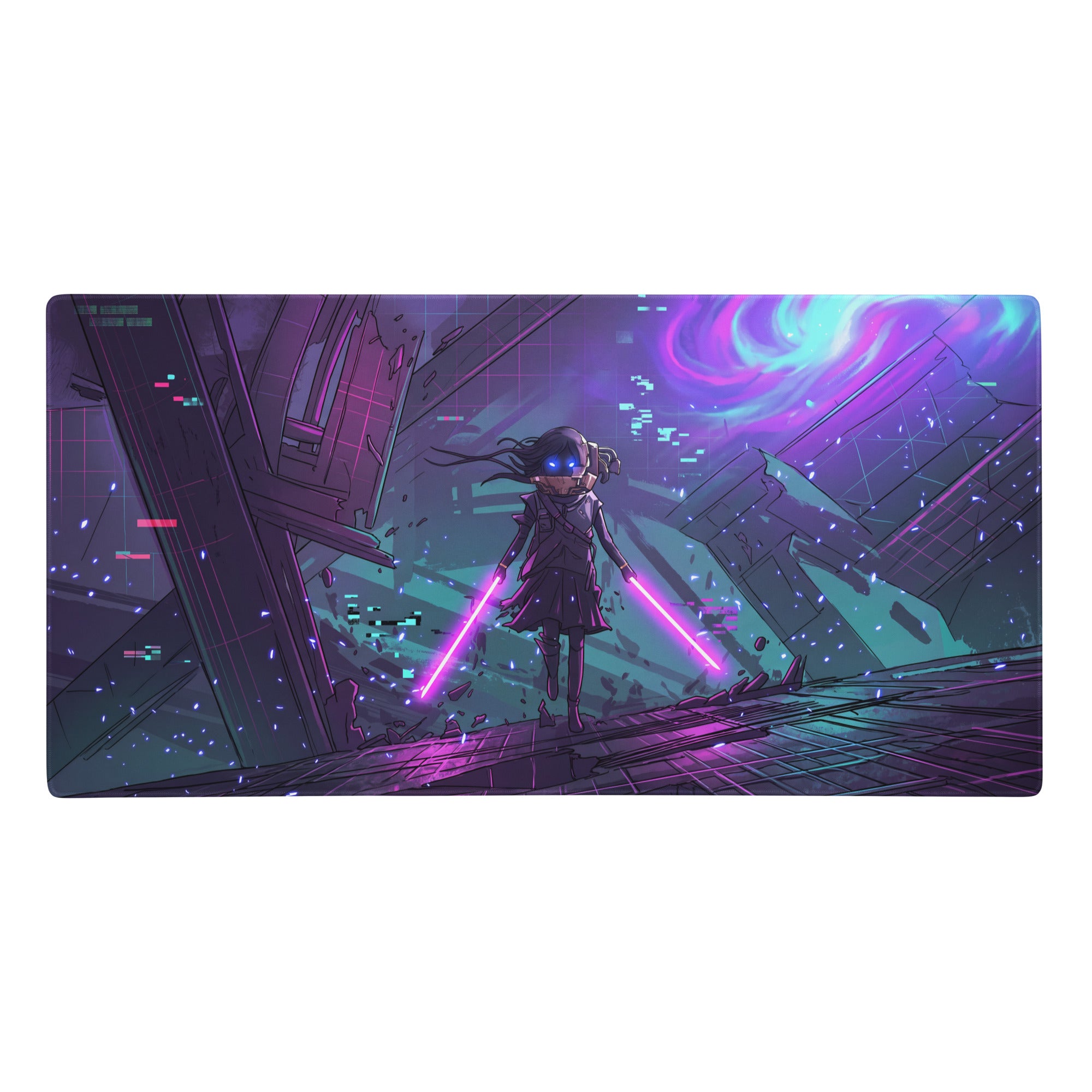 Rectangular neon vaporwave gaming mouse pad with vibrant anime character wielding purple lightsabers on futuristic neon background