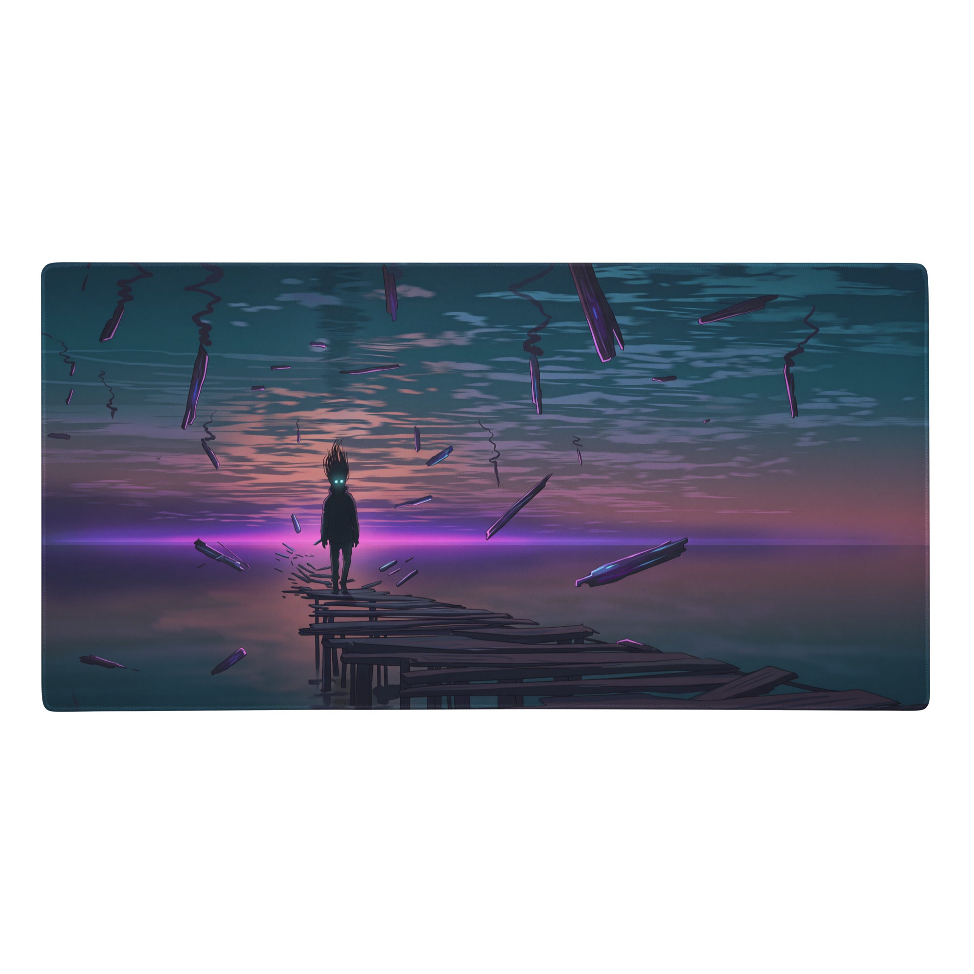 Vaporwave sunset desk mat mouse pad with teal purple surreal illustration of figure on pier and floating crystals