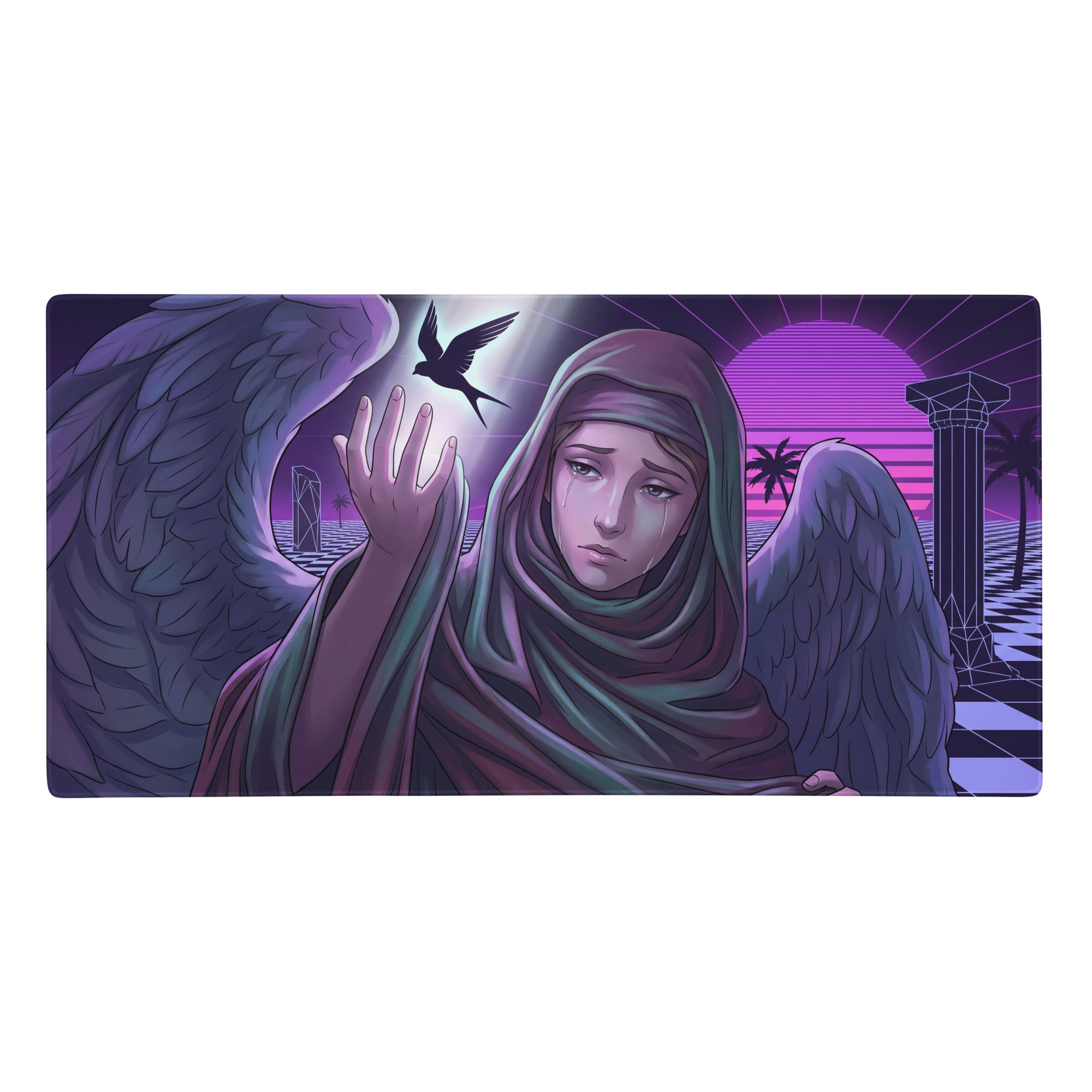 Rectangular neon angel vaporwave mouse pad with digital art of purple teal angel against retro-futuristic sunset background