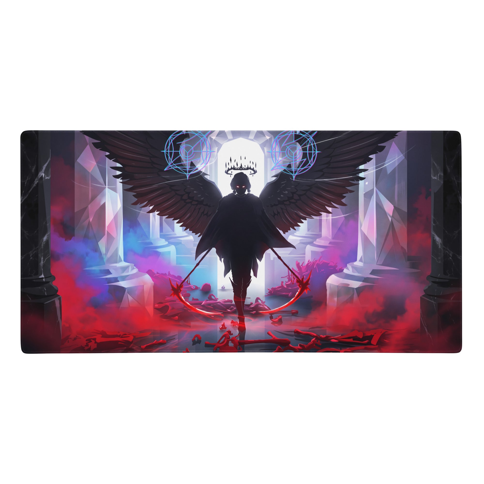 Rectangular Neon Vaporwave Wings mouse pad with dark-winged figure and glowing blue symbols in red purple cyberpunk chamber