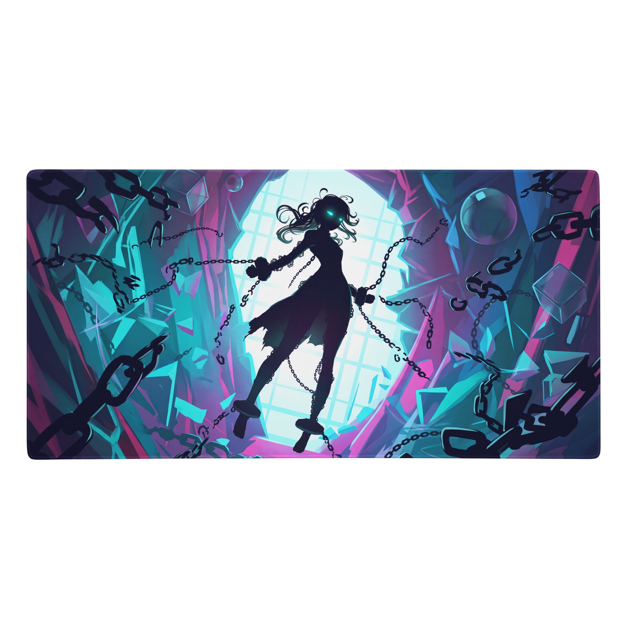 Neon vaporwave gamer mouse pad with vibrant neon pink and teal anime silhouette against a glowing crystalline backdrop