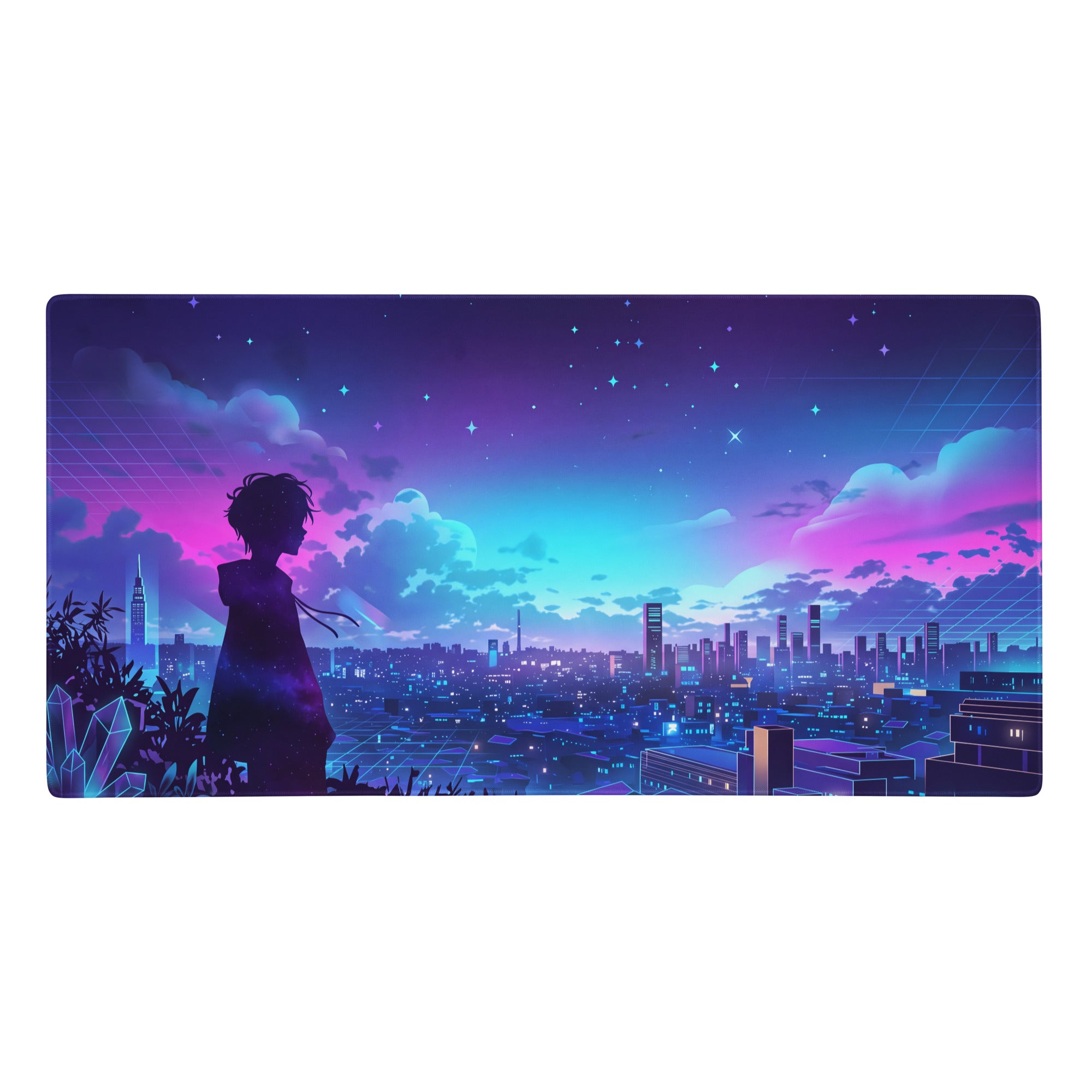Vaporwave night city mouse pad with nebula design featuring a silhouetted person and vibrant purple pink neon sky