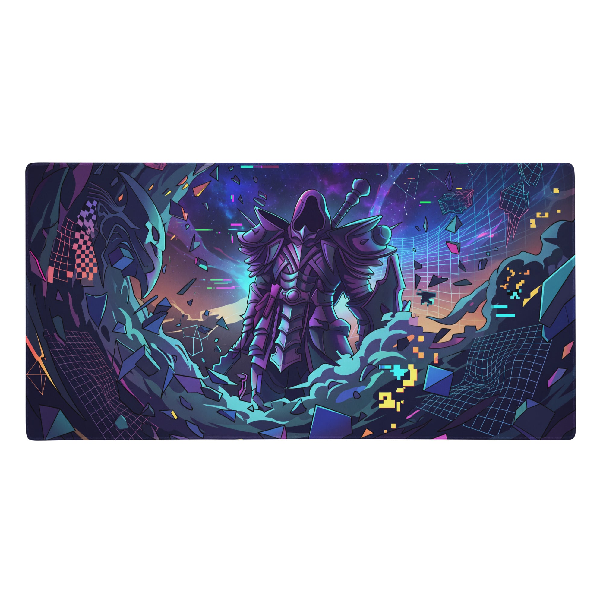 Neon vaporwave gaming mouse pad with navy blue and purple digital art of a hooded futuristic warrior in cyberpunk scenery
