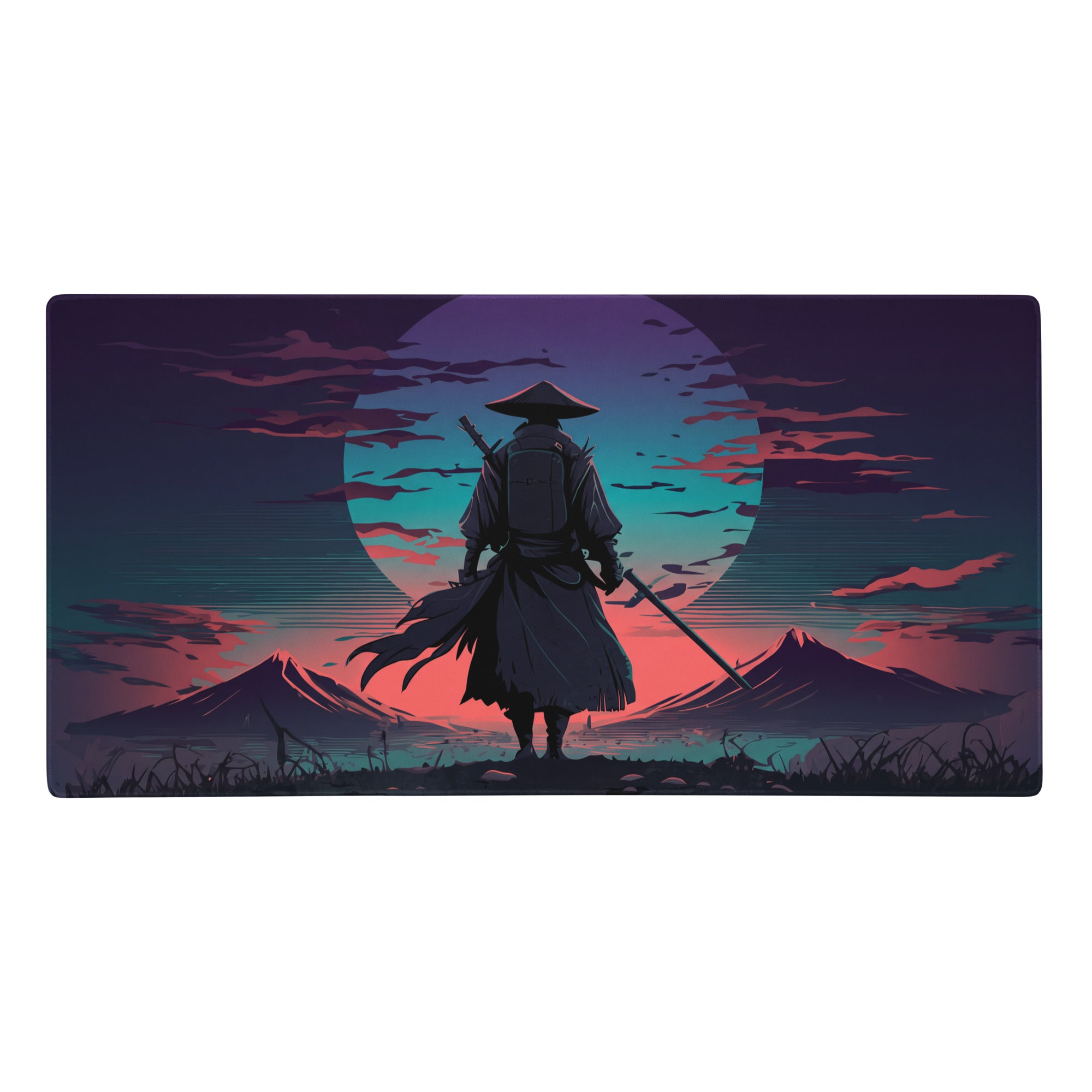 Rectangular gaming mousepad with a neon samurai silhouette against a purple pink teal vaporwave sunset design