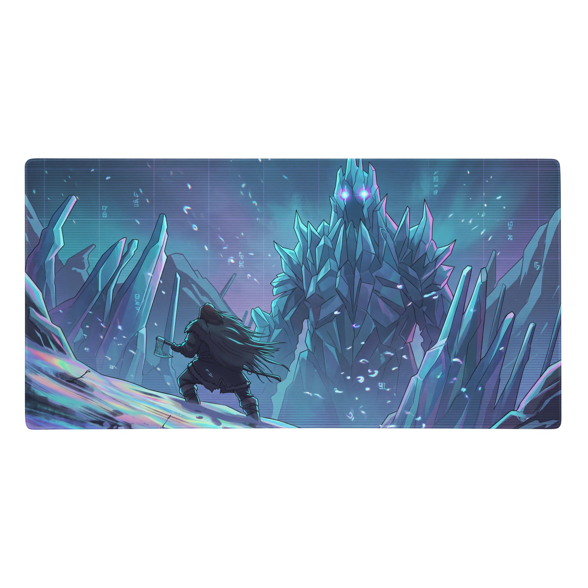 A rectangular vaporwave ice fortress gaming mat with a neon blue cyan purple design of a warrior versus crystalline monster