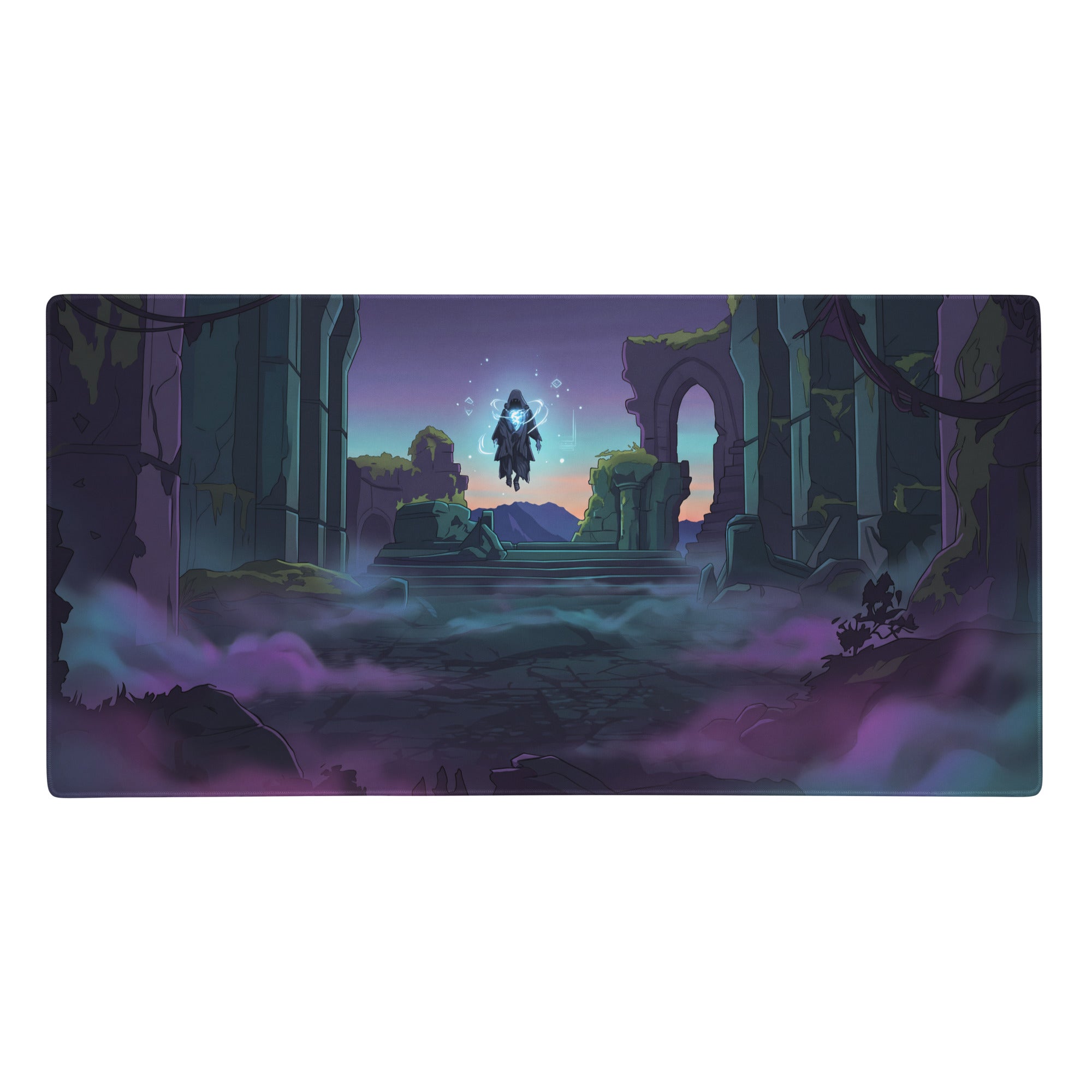 Neon ruins vaporwave gaming mouse pad with glowing hooded figure in purple pink teal ancient ruin design