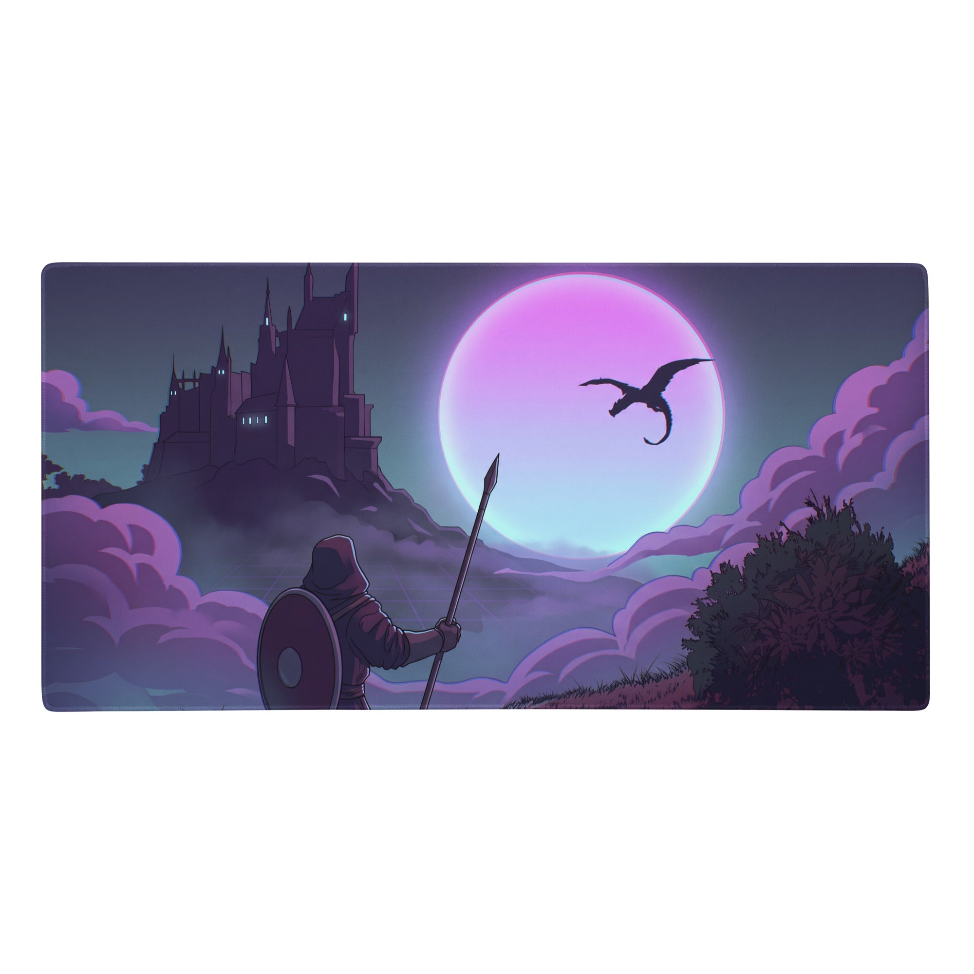 Purple and blue vaporwave neon moon rectangular mouse pad featuring a knight with shield and dragon over a castle
