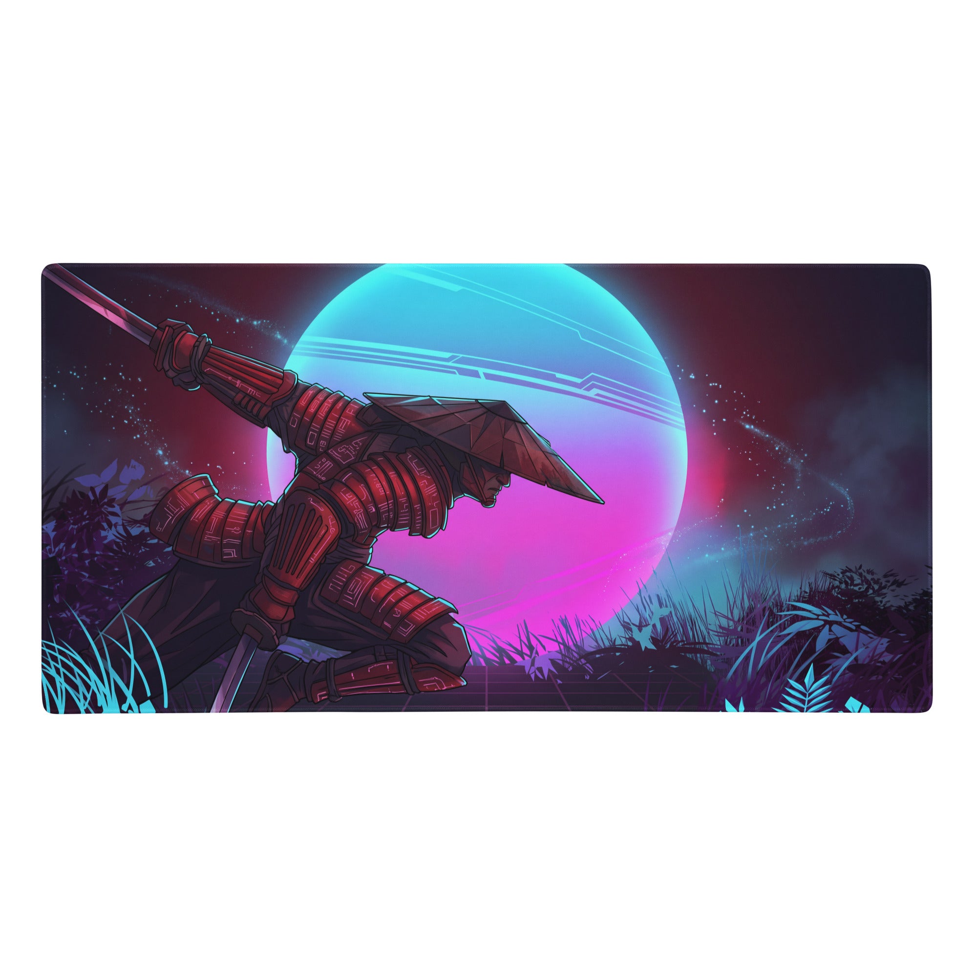 Vaporwave neon warrior gaming mouse pad featuring a red armored samurai with neon blue pink purple planet backdrop