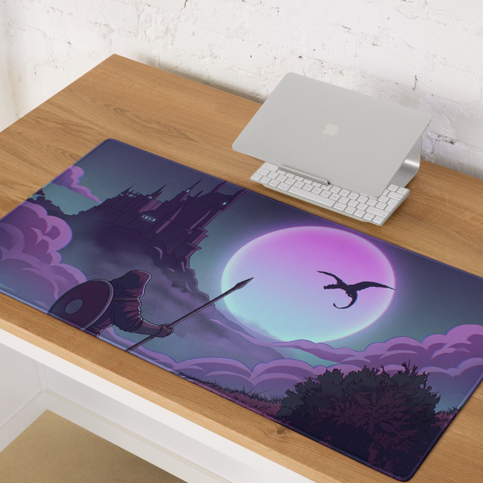 Purple and black vaporwave neon moon gaming mouse pad with knight spear dragon castle under glowing moon design