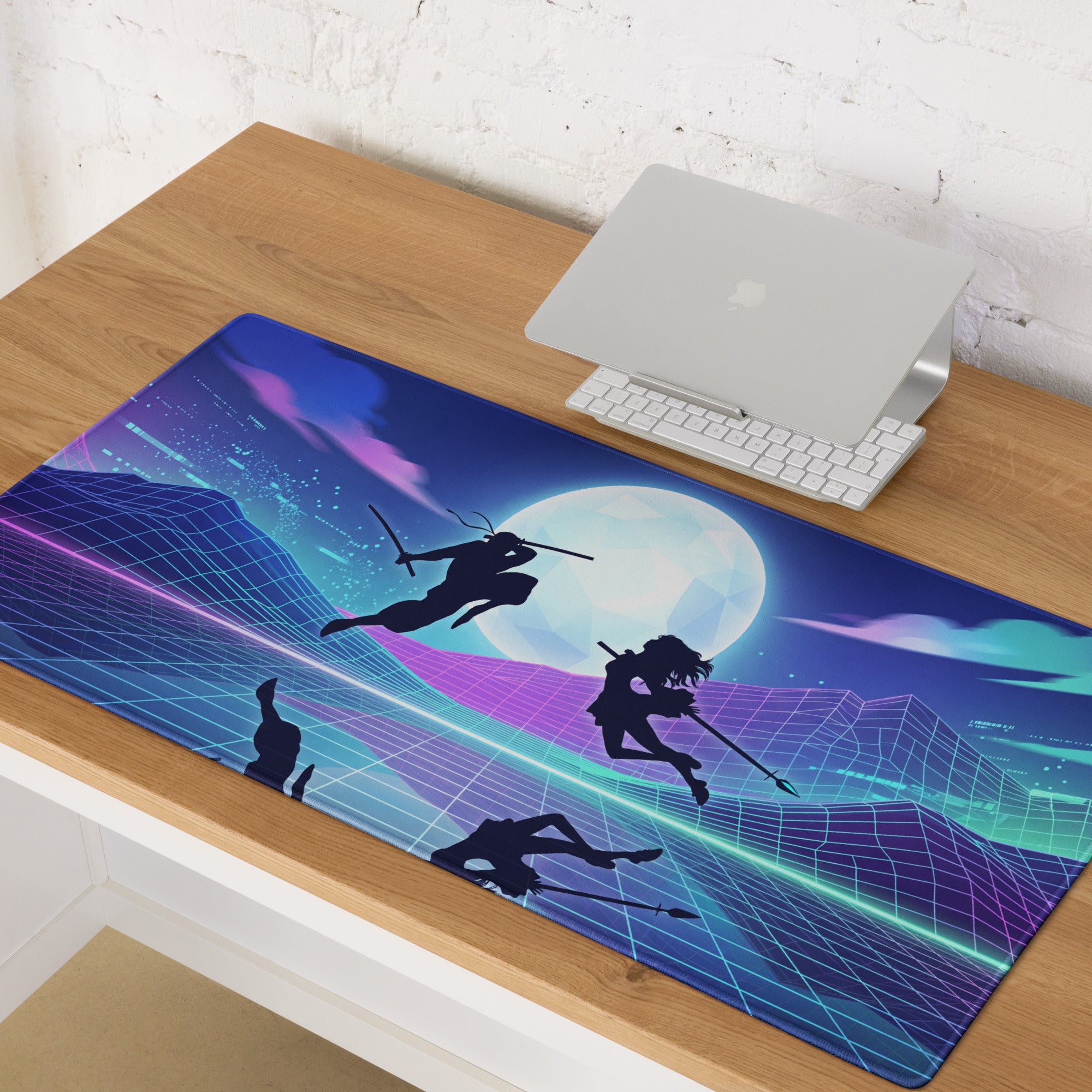 Neon vaporwave nightscape mouse pad with ninja-themed cyberpunk blue purple teal glowing moon design for gaming desk