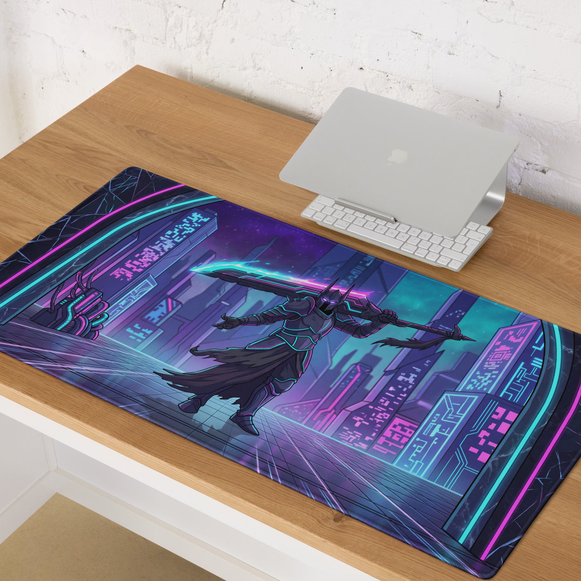 Neon night vaporwave gaming mouse pad with neon purple and teal design featuring armored warrior and futuristic cityscape