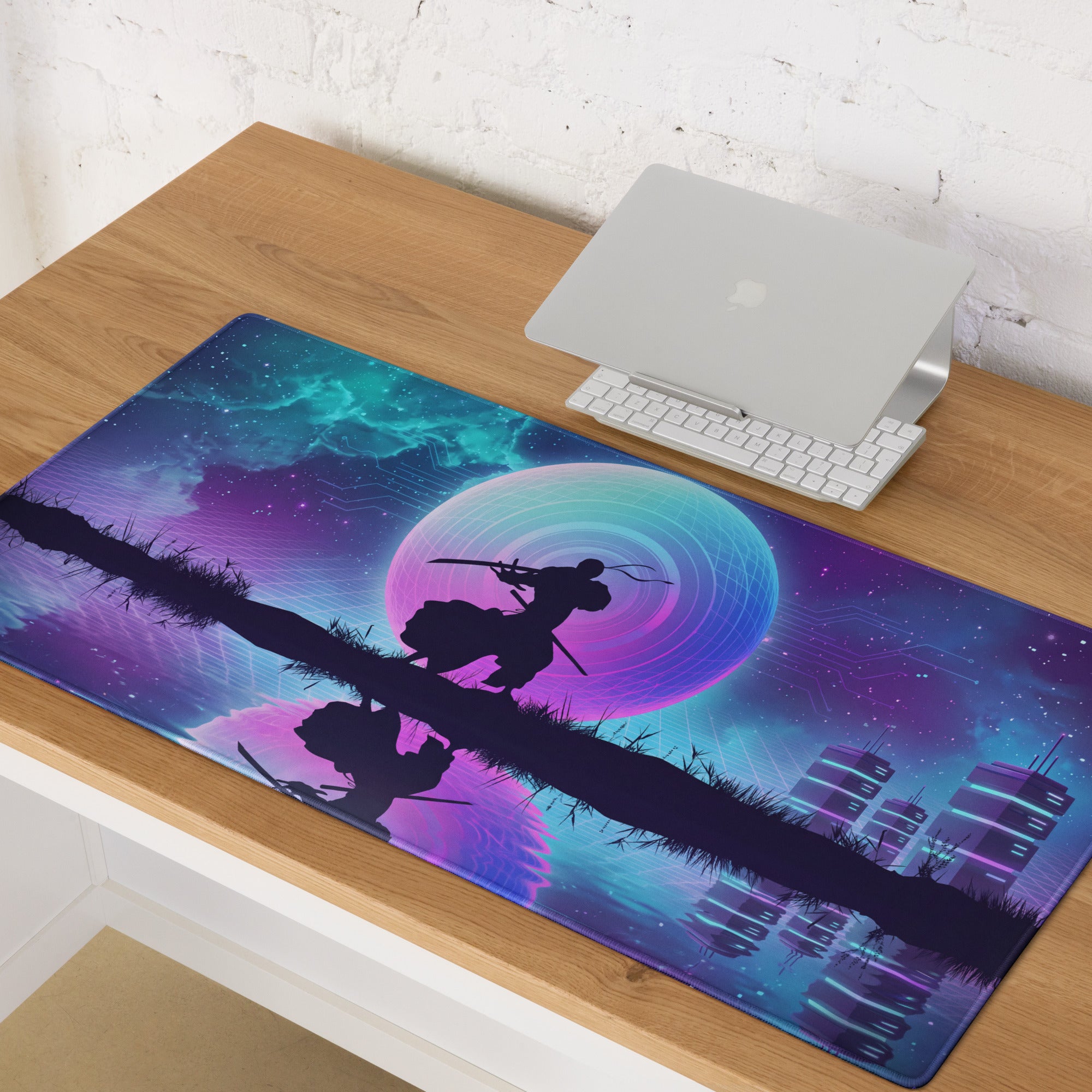 Vaporwave neon gaming mouse pad with cosmic samurai scene in blue purple and pink for cyberpunk gaming desks