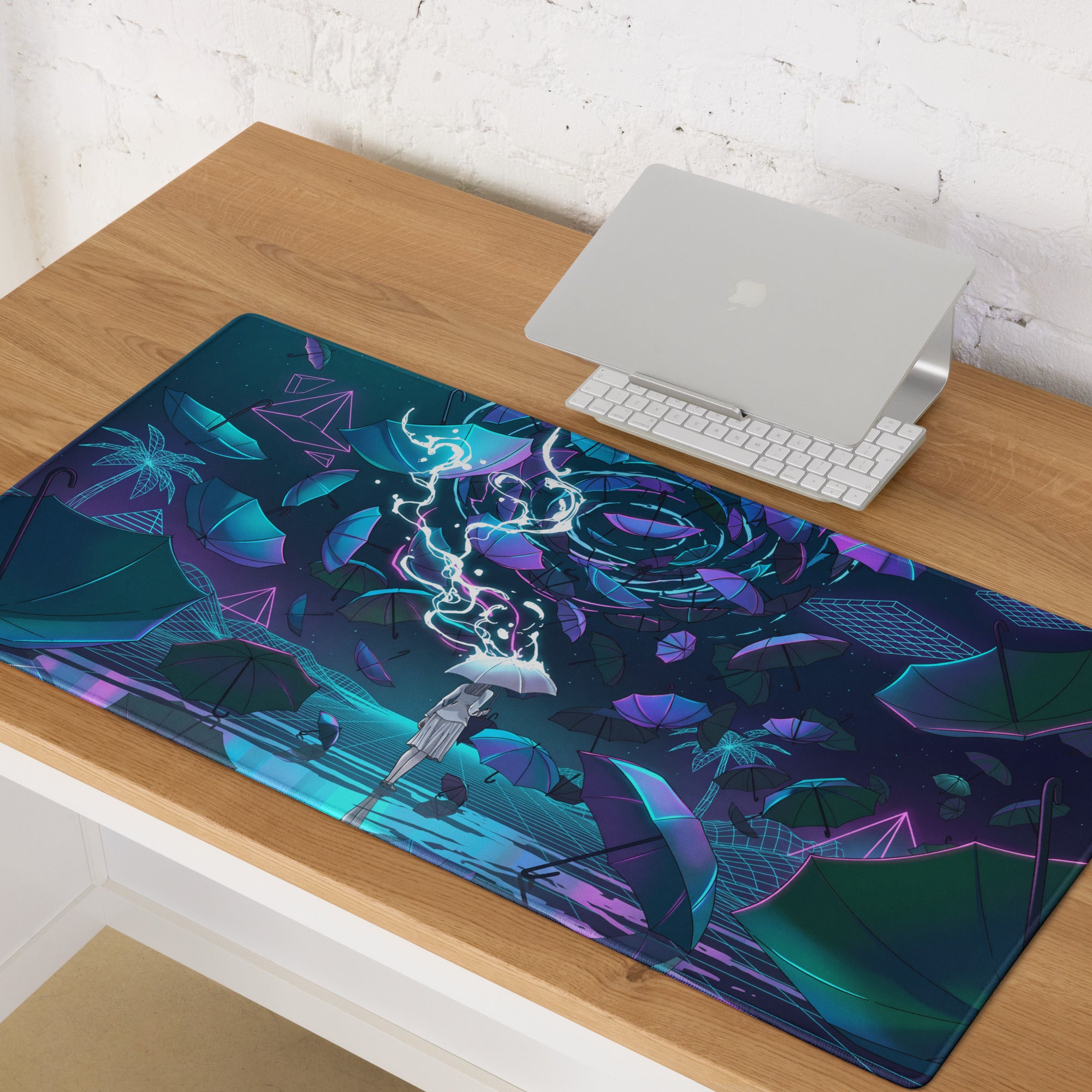 Vaporwave neon umbrella desktop pad with glossy rectangular surface featuring teal and purple cyberpunk umbrella scene
