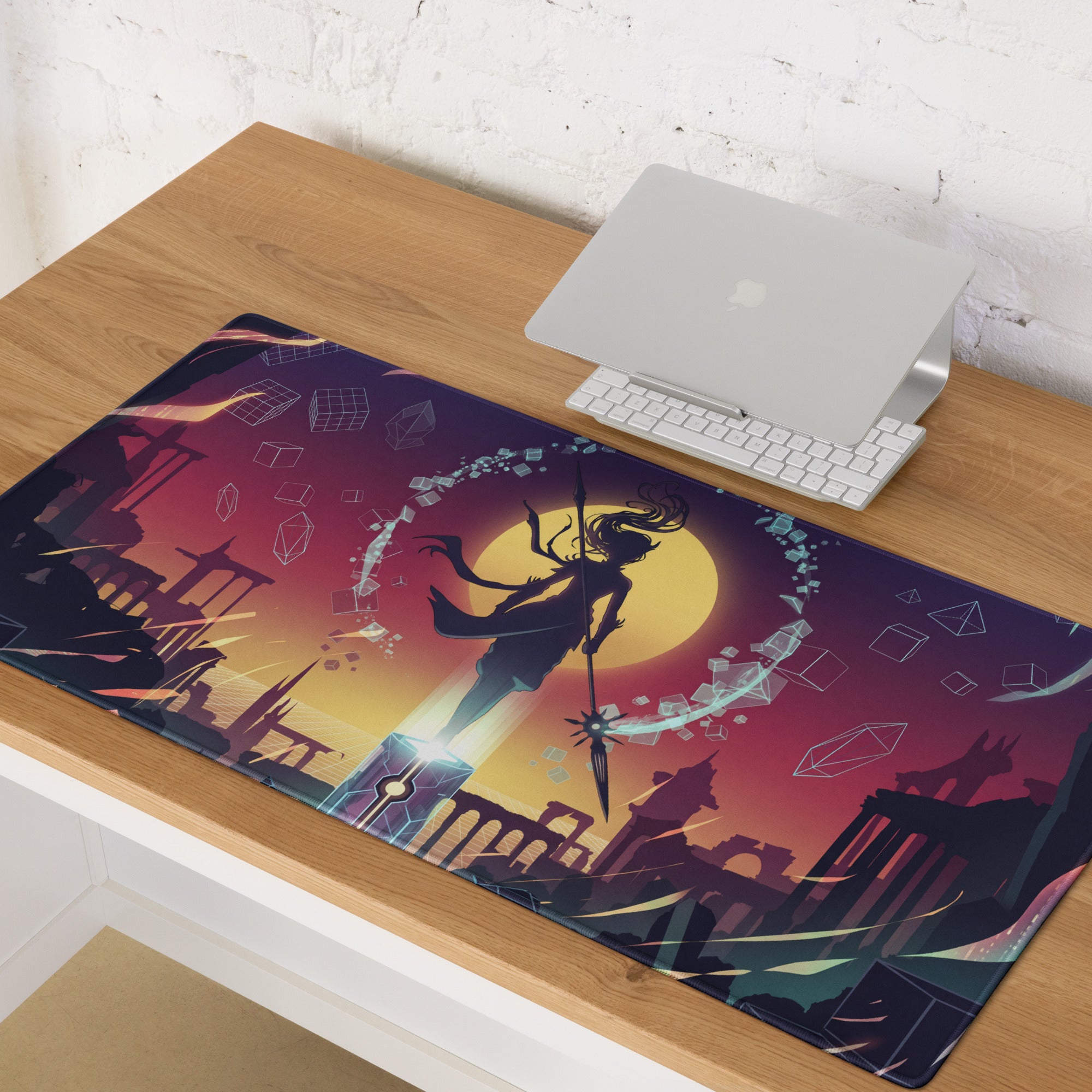 Vaporwave sunset neon gaming mouse pad with vibrant purple orange gradient and anime warrior silhouette design