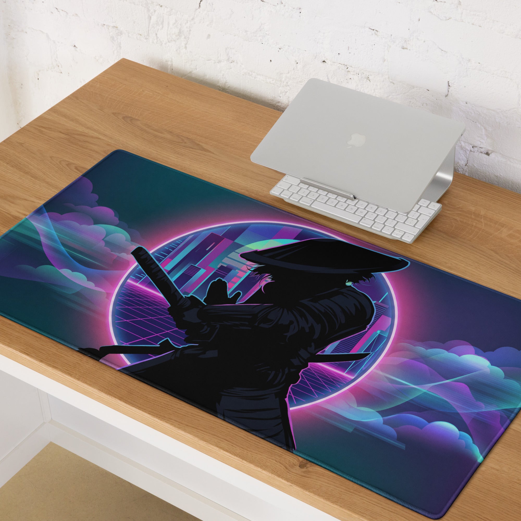 Neon vaporwave gaming mouse pad with ninja theme featuring vibrant neon purple and blue cyberpunk cityscape design