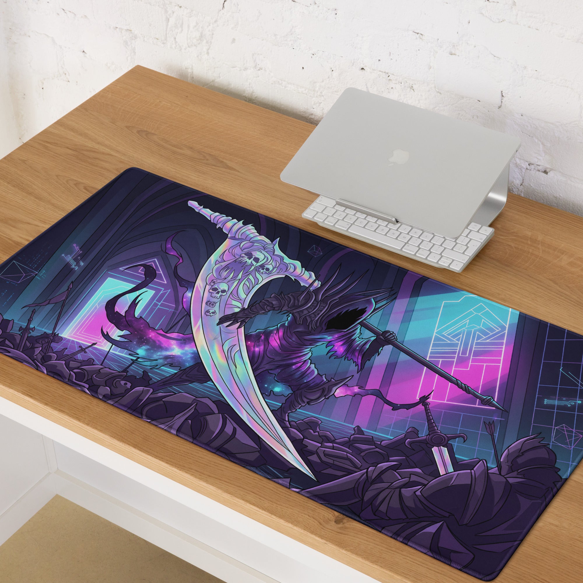 Narrow rectangular neon grim reaper mouse pad with vibrant purple blue skeletal warrior digital illustration