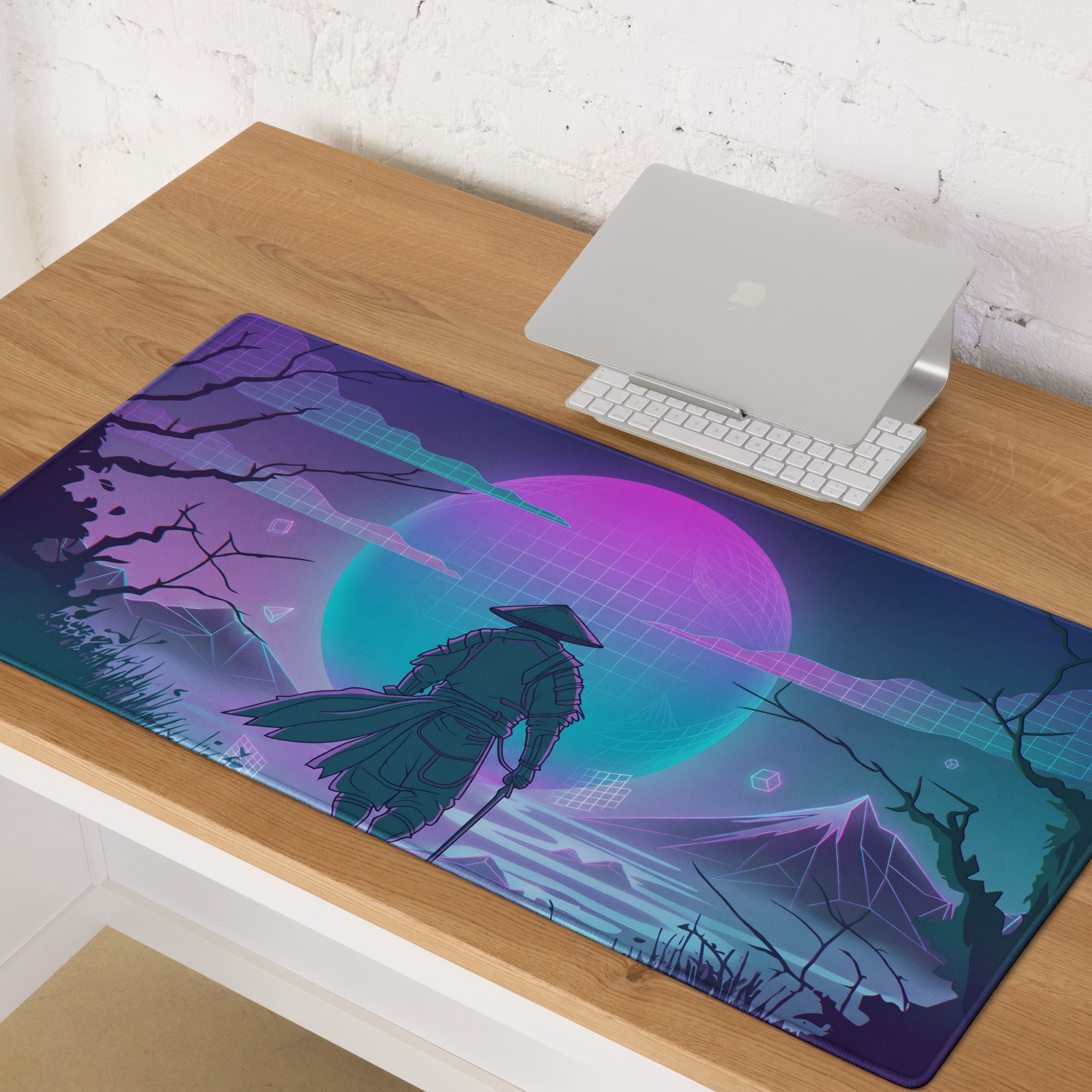 Nostalgic cyberpunk-themed gaming mouse pad with samurai design and neon purple blue vaporwave gradient sky