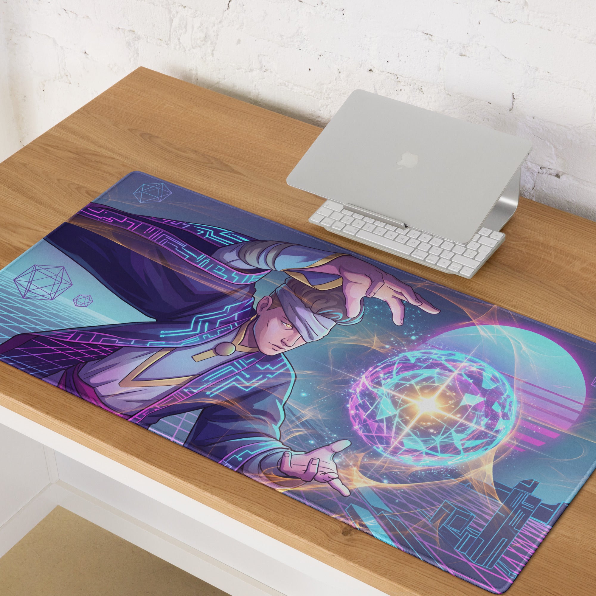 Vibrant purple and blue vaporwave neon mage gaming mouse pad with digital wizard artwork and non slip surface