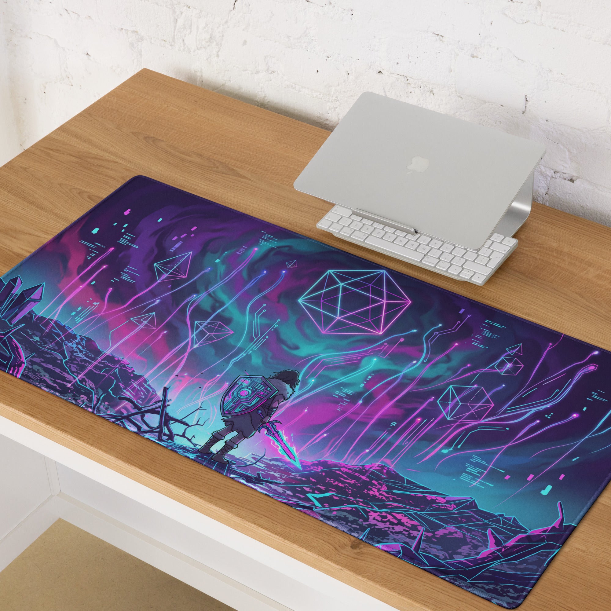 Neon vaporwave matrix mouse pad with vibrant neon purple and teal digital art of a lone warrior and geometric shapes