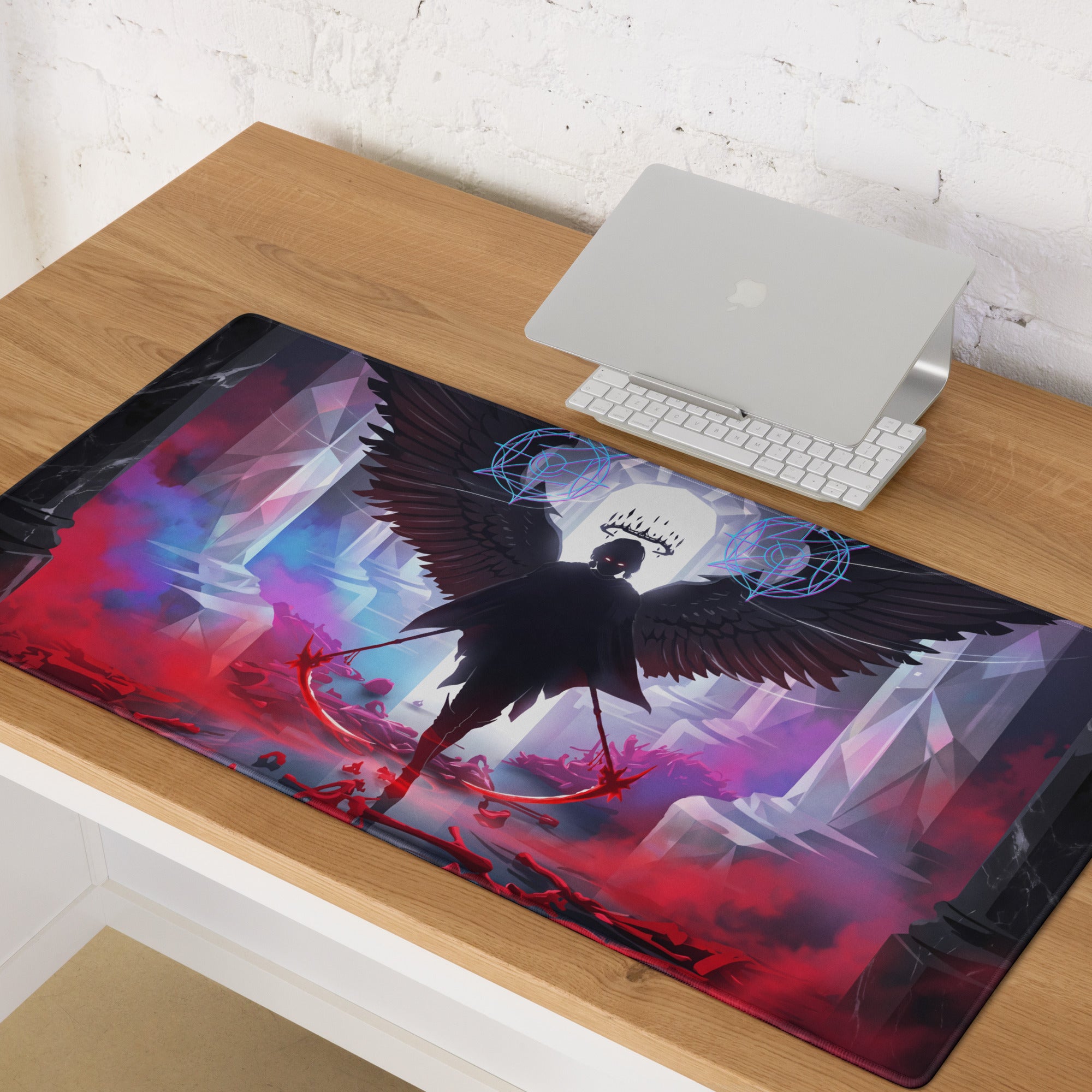 Rectangular gaming mousepad with a dark winged figure on a vibrant neon pink blue vaporwave backdrop with geometric patterns