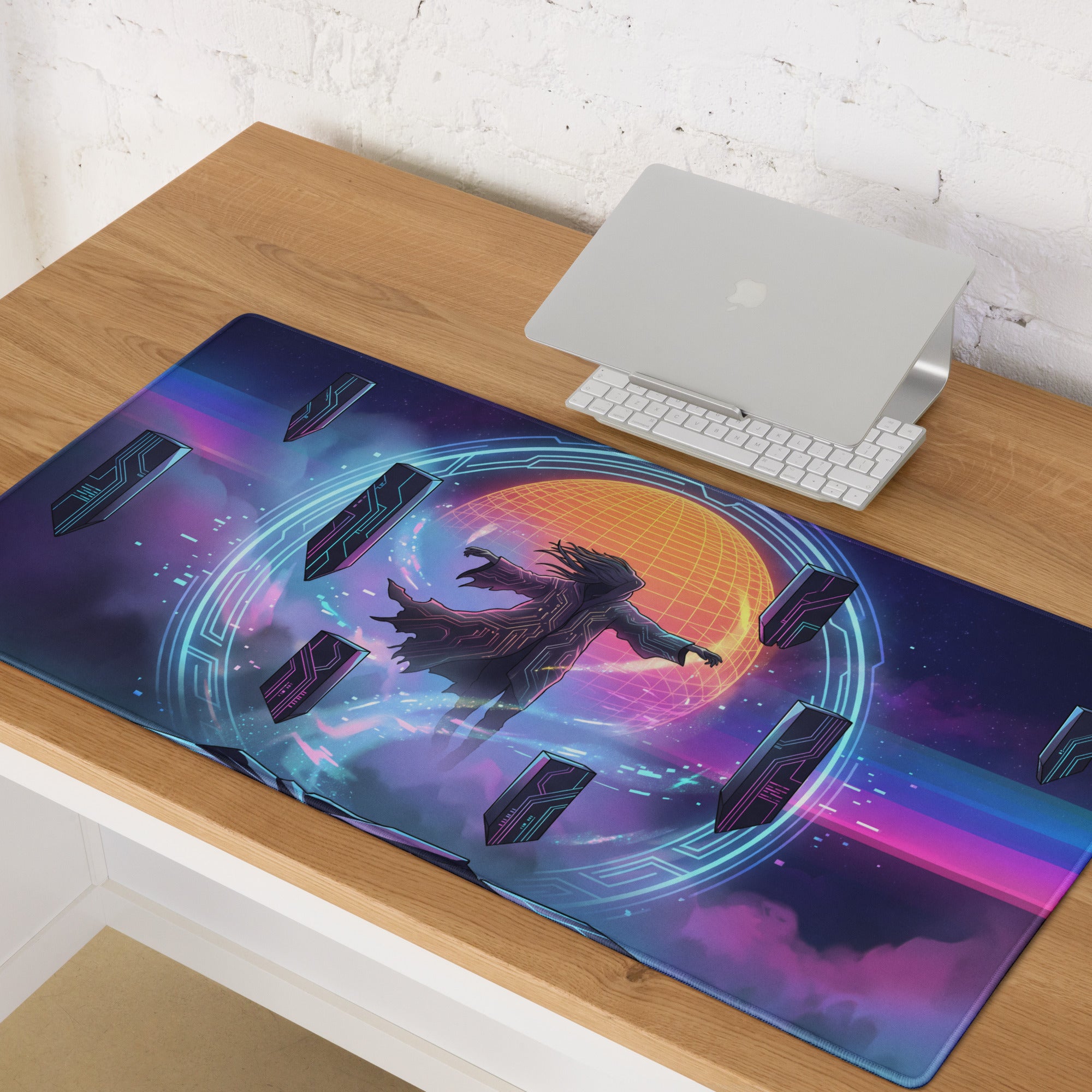 Retro neon vaporwave mouse pad with vibrant neon blue and purple futuristic design featuring a cosmic digital figure