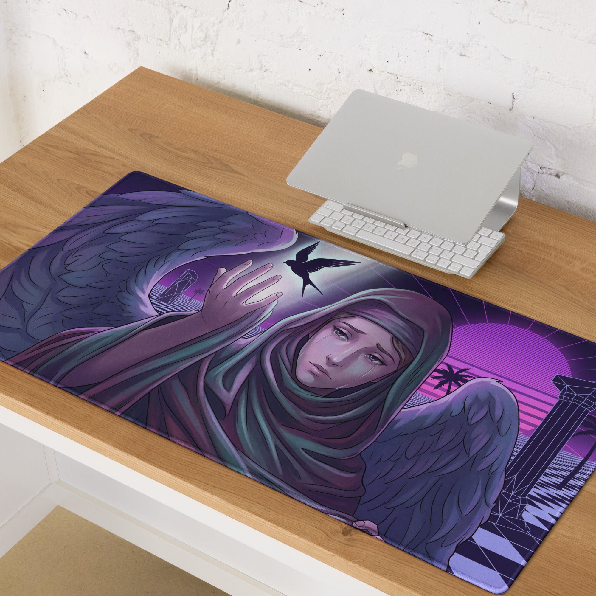 Purple and teal neon angel vaporwave mouse pad with winged figure and futuristic cityscape digital art design