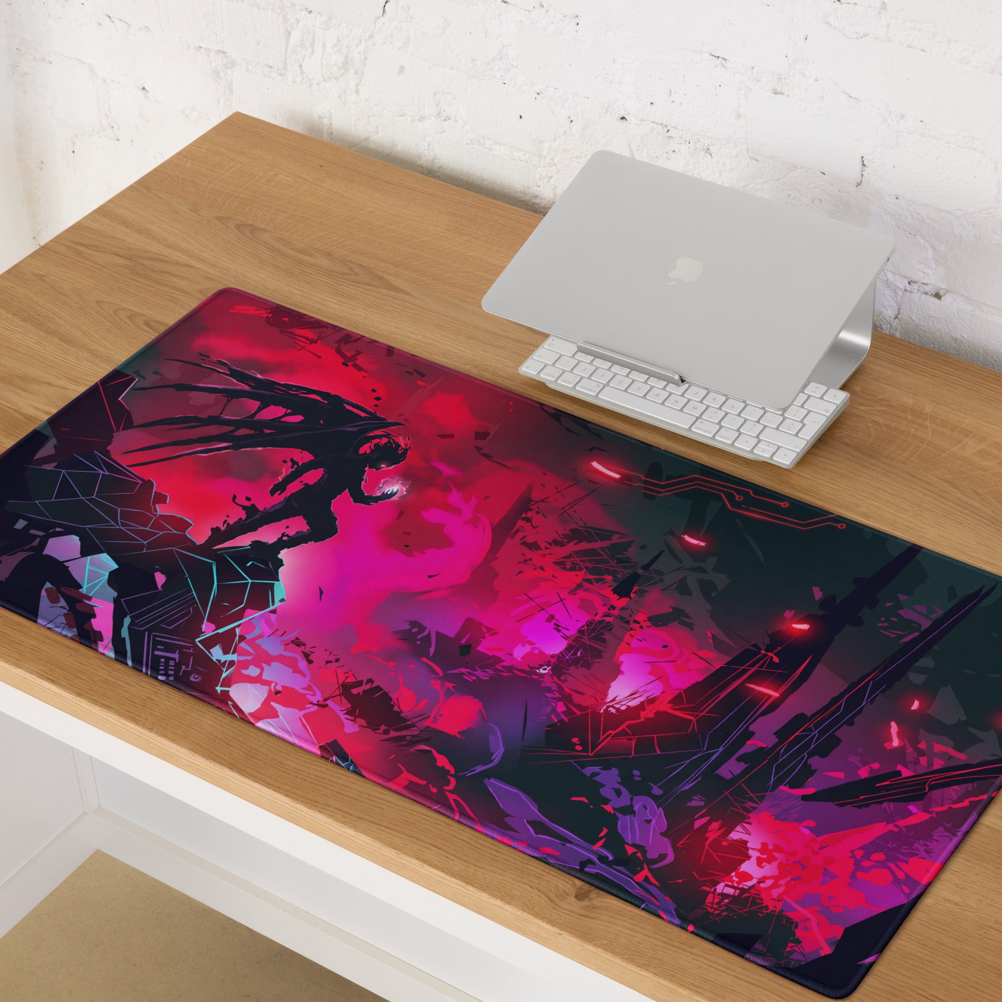 Vibrant red and purple vaporwave neon cyber mouse pad with a glossy finish for energetic retro futurism desk setup