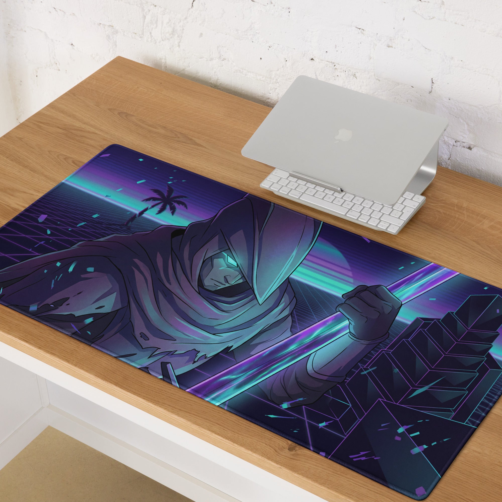 Neon vaporwave gaming mouse pad in navy blue and teal features a cyberpunk hooded figure with glowing eyes on a cityscape