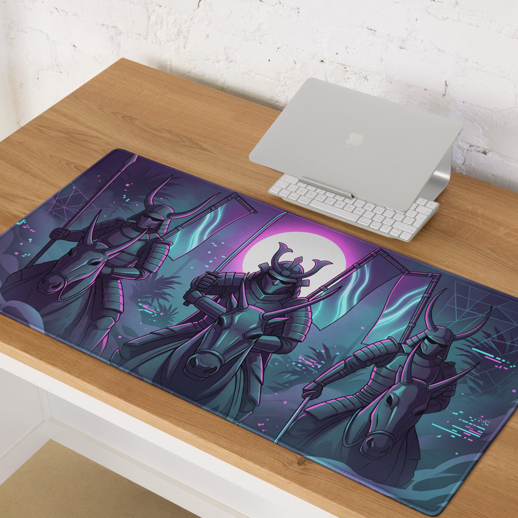 Neon Vaporwave Samurai Mouse Pad - Samurai Neon Purple Pink Vaporwave Energetic Retro Neon Decor Gaming Mat Digital Art