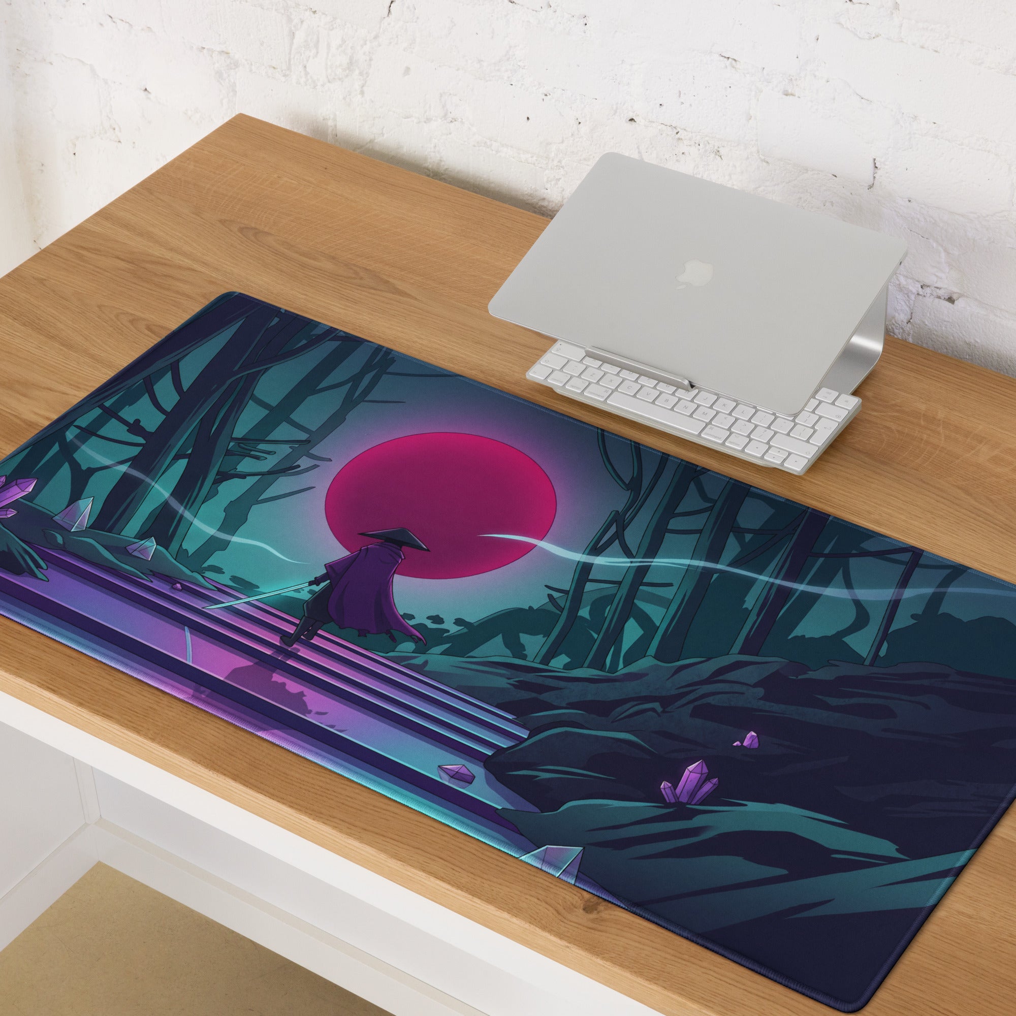 Rectangular vaporwave neon forest mouse pad featuring a purple-robed figure walking toward a glowing pink sun