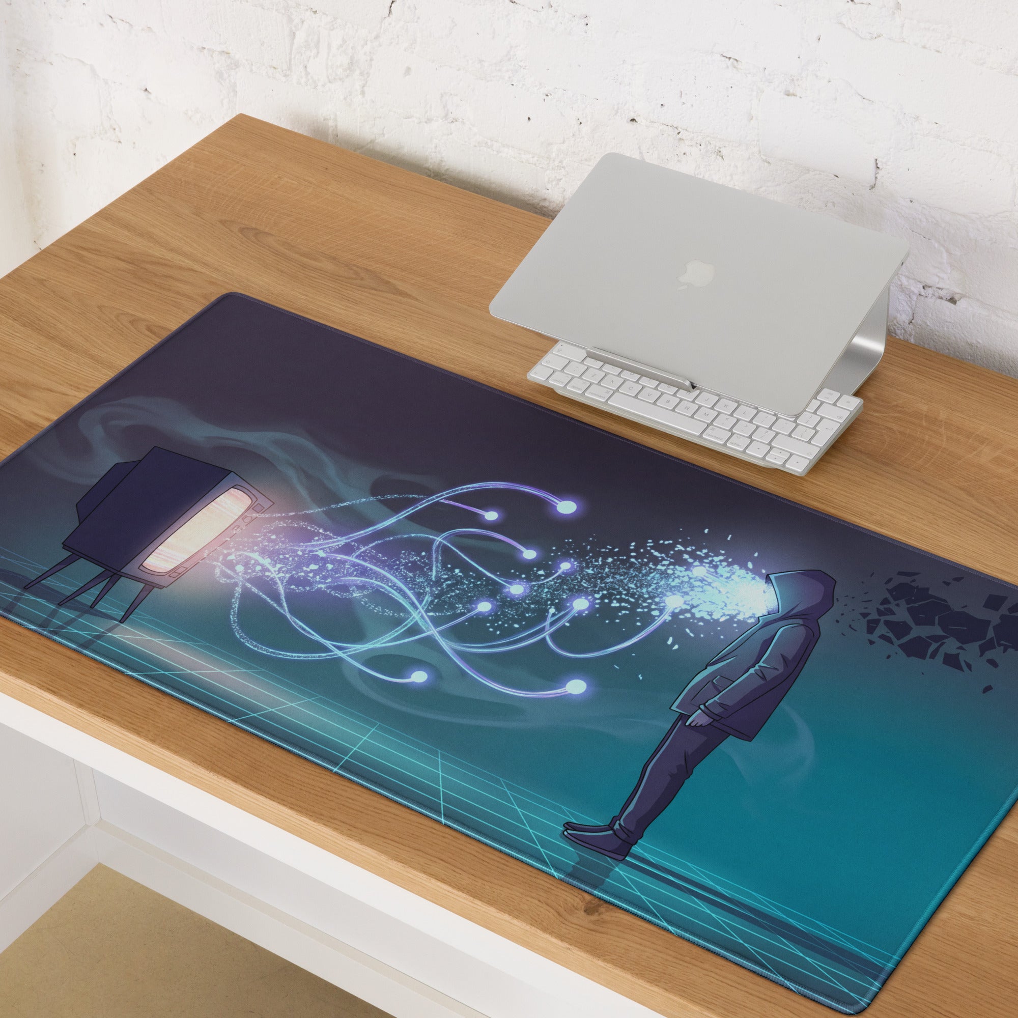 Vaporwave neon rectangular gaming mouse pad in dark blue and teal with futuristic digital energy figure design