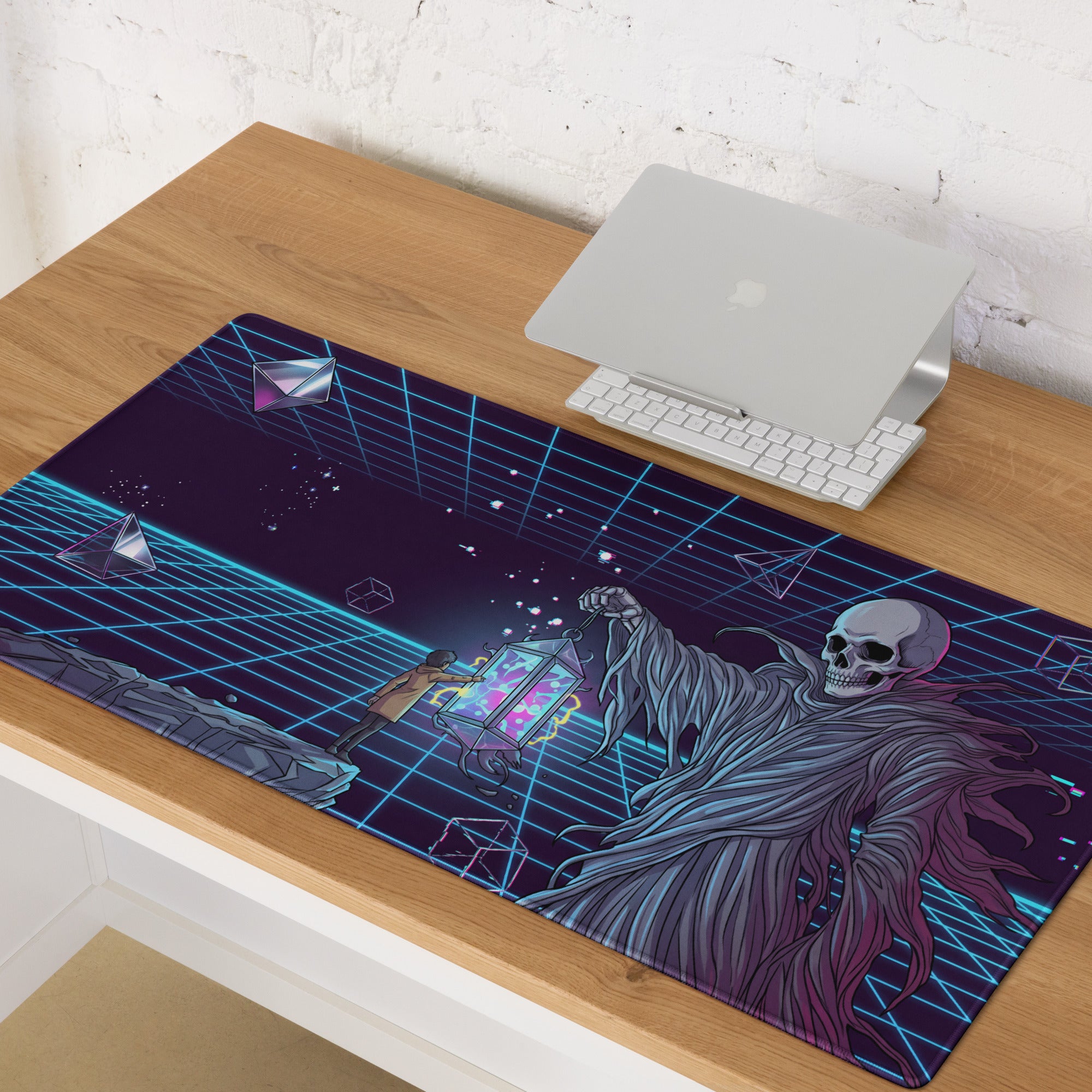 Navy blue and purple neon vaporwave skeleton gaming mousepad with skeletal figure holding lantern on glowing grid background