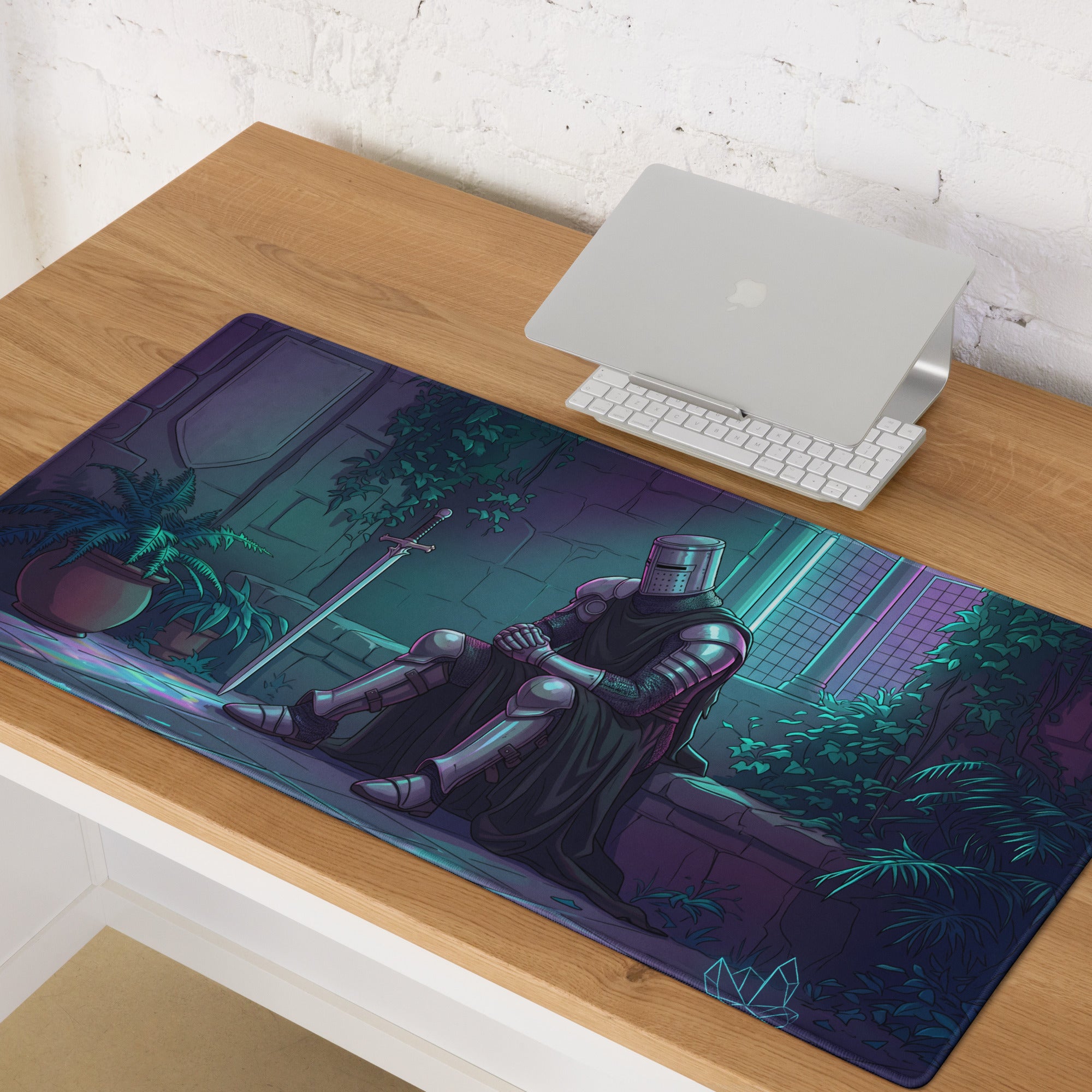 Neon knight vaporwave rectangular gaming mousepad featuring a knight in dark armor with neon purple blue cyberpunk design