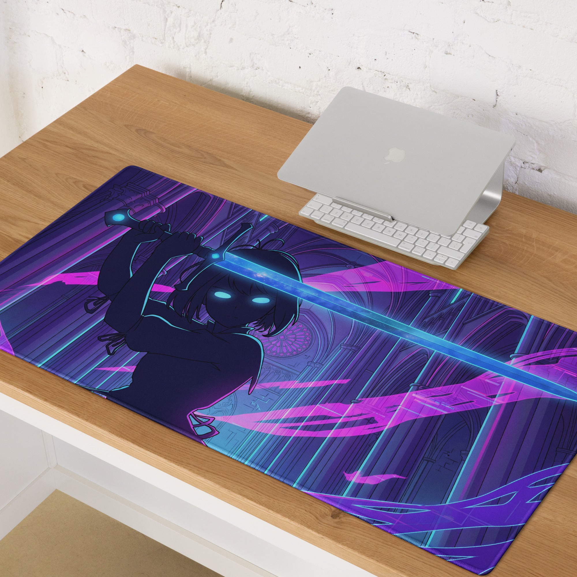 Narrow gaming mousepad with neon purple blue cyberpunk anime design featuring character holding glowing sword