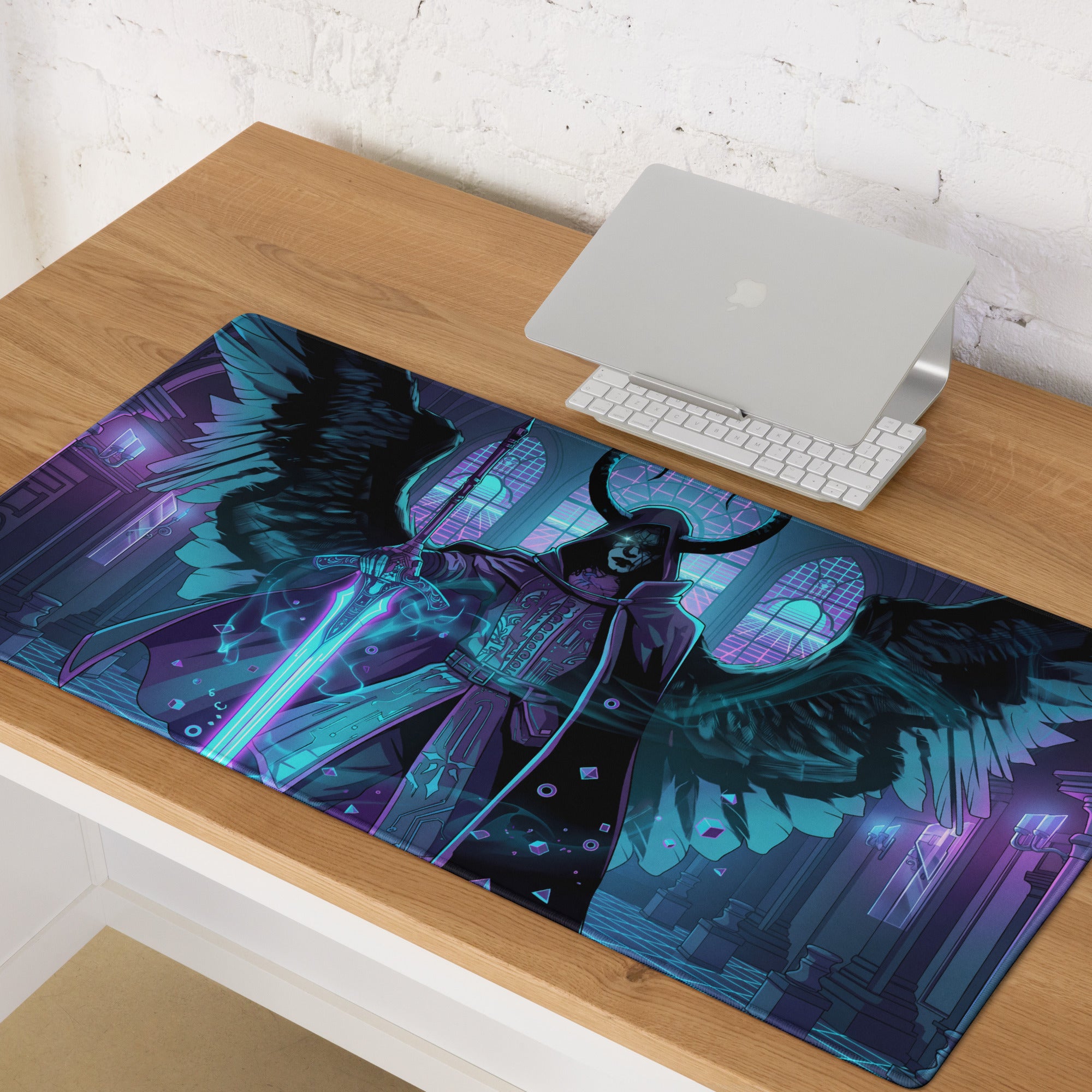 A rectangular gaming mousepad with a dark fantasy winged figure in purple and teal neon vaporwave colors and glowing blue accents