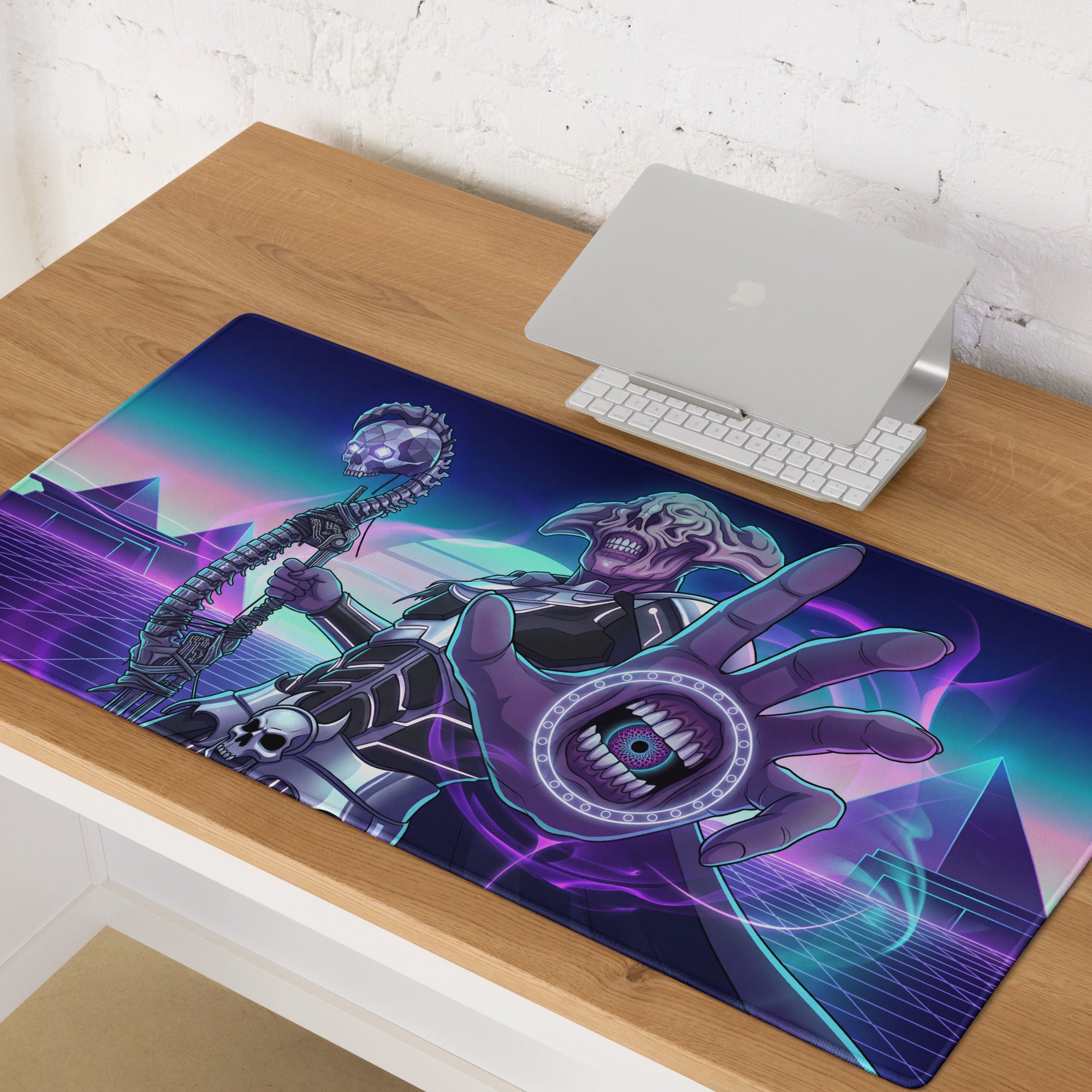 A vibrant rectangular gaming mousepad with cyberpunk purple and teal neon hues for energetic vaporwave gamers