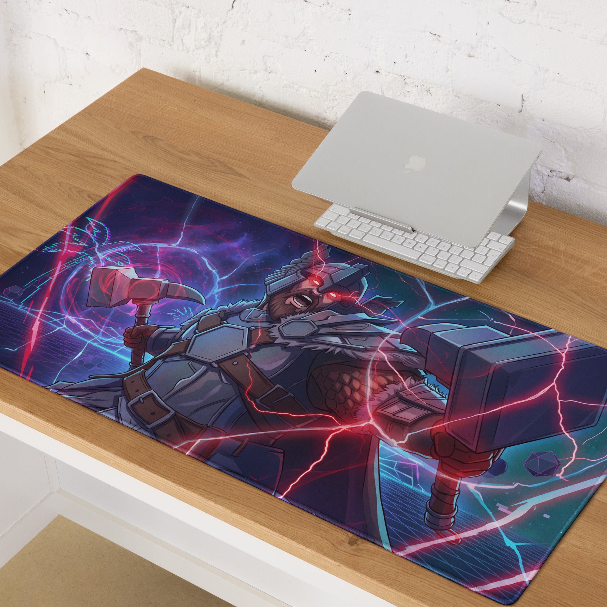 Vaporwave power warrior gaming mouse pad with armored warrior, vibrant pink purple blue neon lighting for desk use