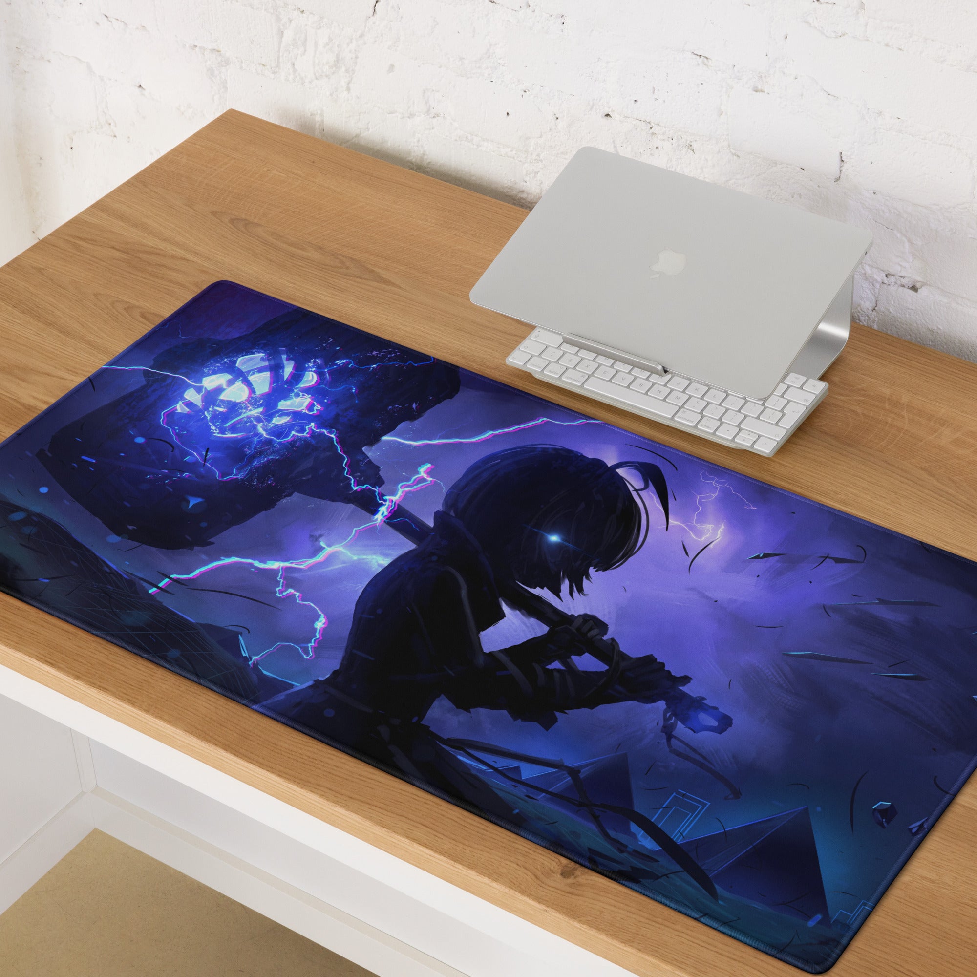 Vaporwave neon surge mouse pad with a dark blue anime character wielding lightning weapons on a cosmic backdrop