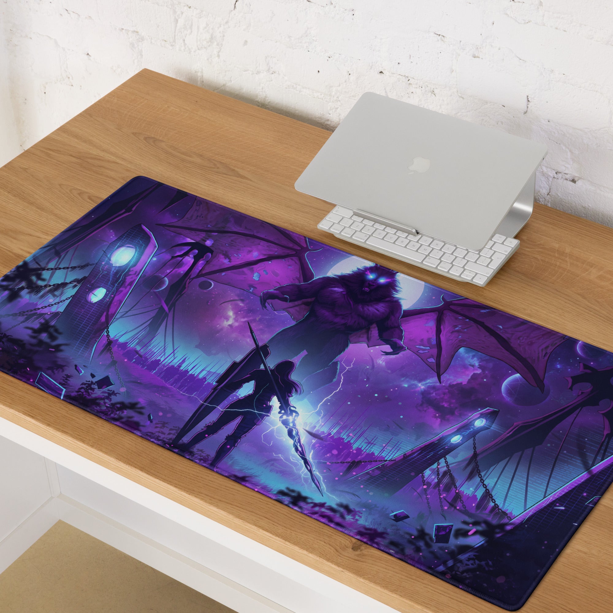 Purple and teal vaporwave neon dragon gaming mousepad featuring dragon and warrior in a retro futurism landscape
