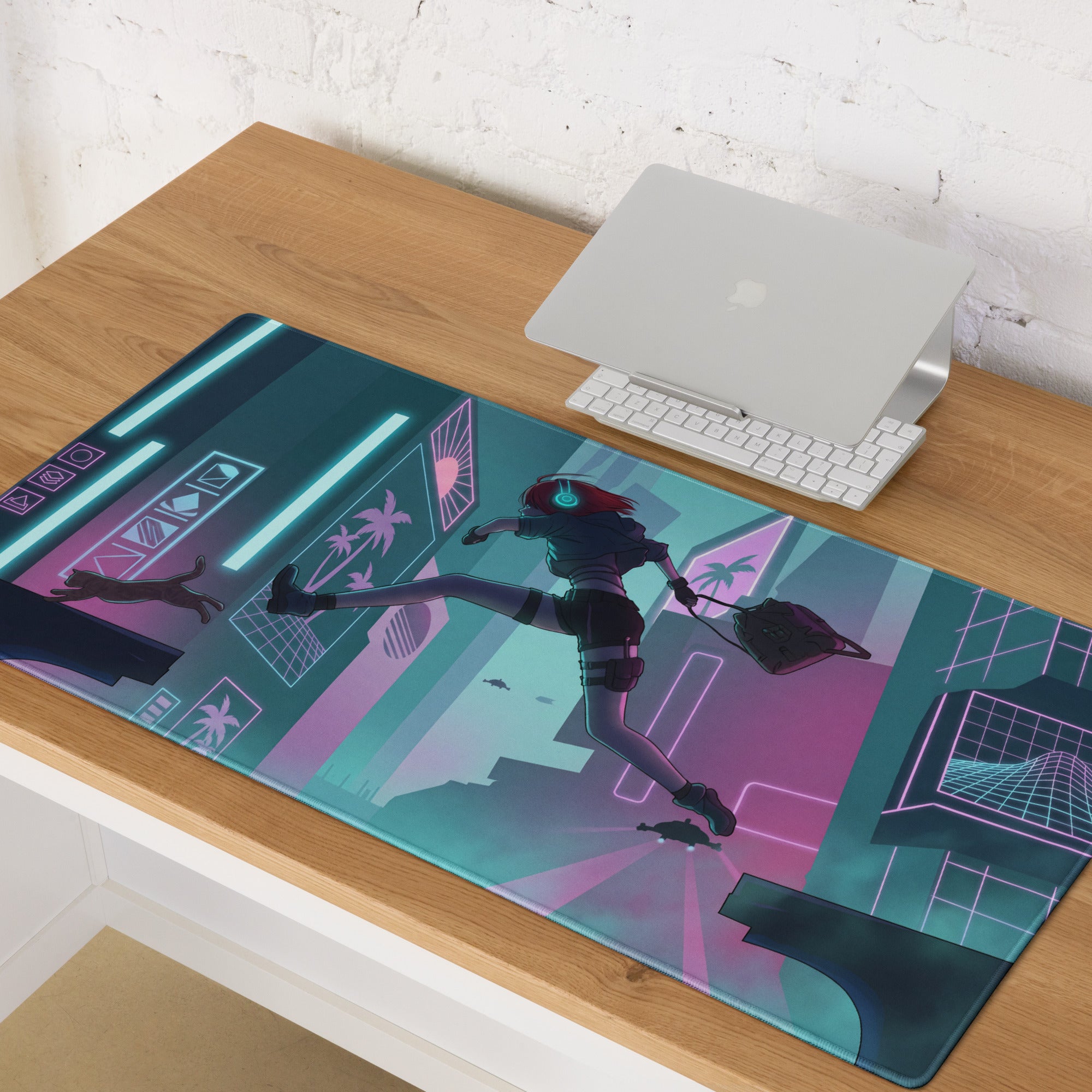 Narrow rectangular neon vaporwave gaming mousepad featuring vibrant purple blue cyberpunk anime cityscape design